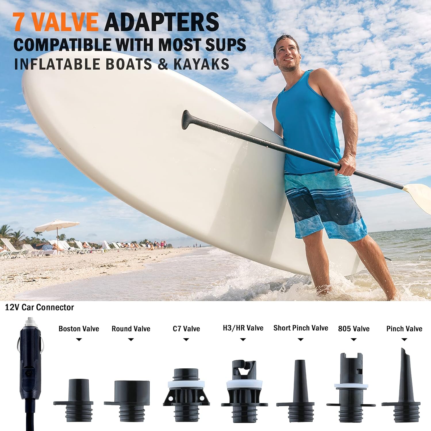 Valwix 20 PSI High Pressure SUP Air Pump The Whale - Dual Stage Inflation/Deflation Electric Pump, Auto-Off, Automatic Cooling, 12V Car Connection for Inflatable Stand Up Paddle Boards, Kayaks, Boats : Sports & Outdoors