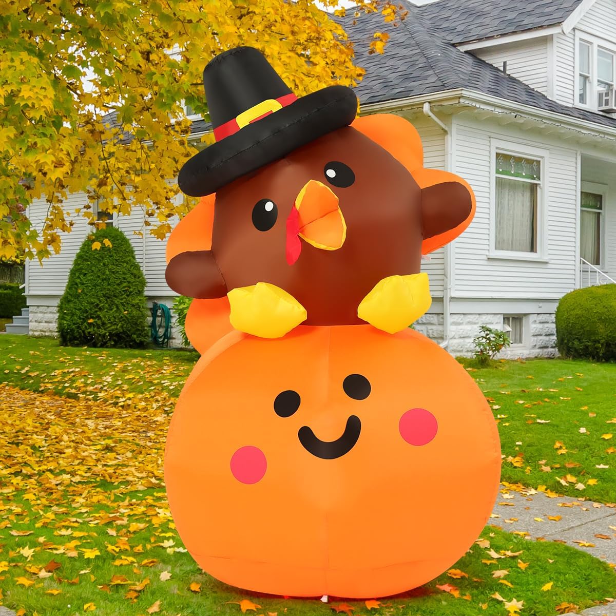 COMIN 5FT Tall Thanksgiving Inflatables Turkey Baby on Pumpkin with Built-in LEDs Blow Up Yard Decoration for Holiday Season Party Indoor Outdoor Garden Lawn