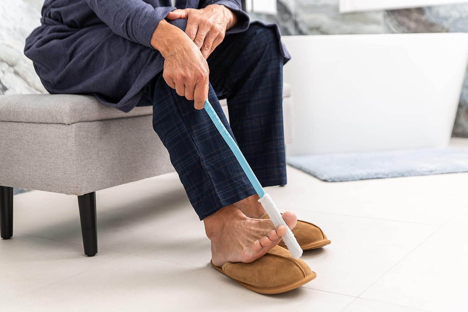 Burlingham's Toe and Foot Towel Brush Set with 8 Reusable Drying Covers, Long 17” Handles for Cleaning Between Toes and Soft Skin Exfoliation, Ideal for Seniors, Adults, or Kids