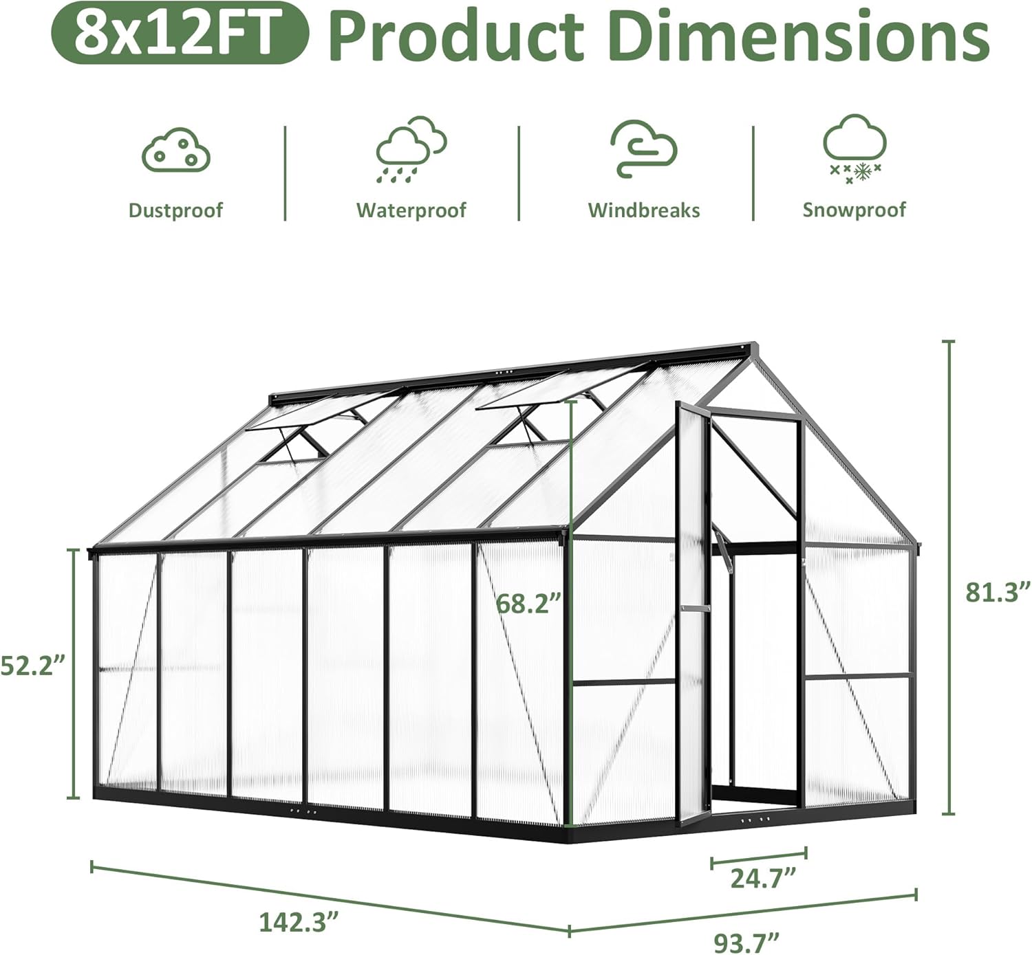 8×12 FT Walk-in Greenhouse for Outdoors, Polycarbonate Greenhouse Kit with Roof Vent, Large Heavy Duty Green Houses for Outside Backyard Patio Garden, Black