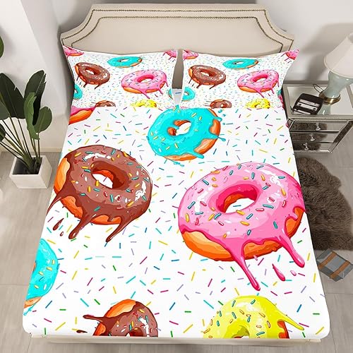 Erosebridal Juego de ropa de cama de donas para niños y niñas, funda de cama de postre rosa chocolate, sábana bajera ajustable tamaño matrimonial