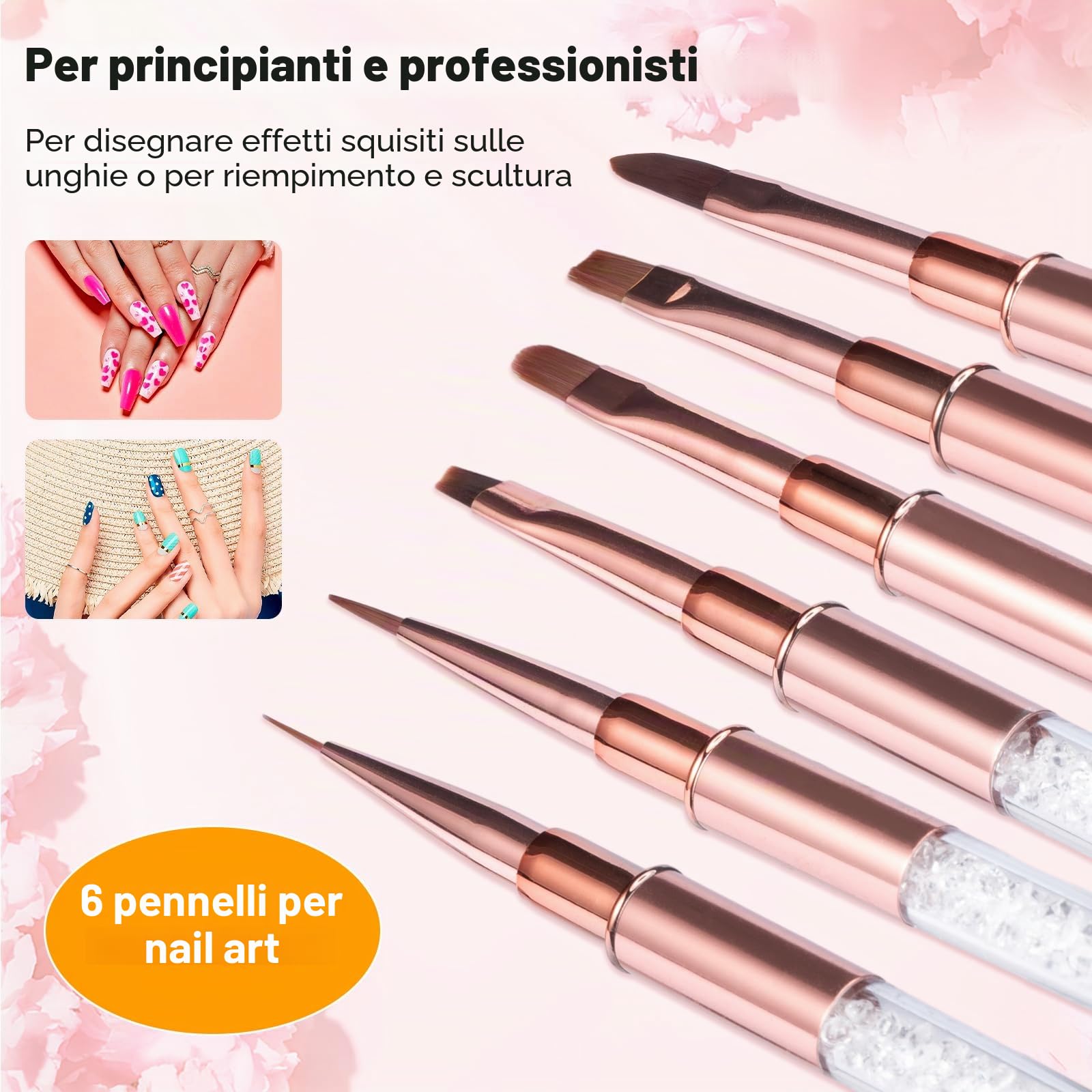 6 Pezzi Pennelli per Unghie, Penelli Unghie Professionali Set, con Manico con Strass e Setole in Nylon per principianti professionisti
