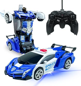 RC Car Toy for Kids Transforming Robot Police Car Stunt Car White+Blue