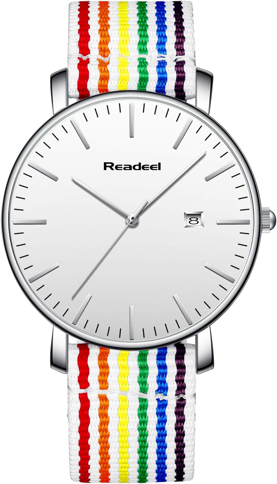 Youwen Rainbow Nylon Band Analog Quartz Men Watch Canvas Strap Women Watches with Calendar White Face