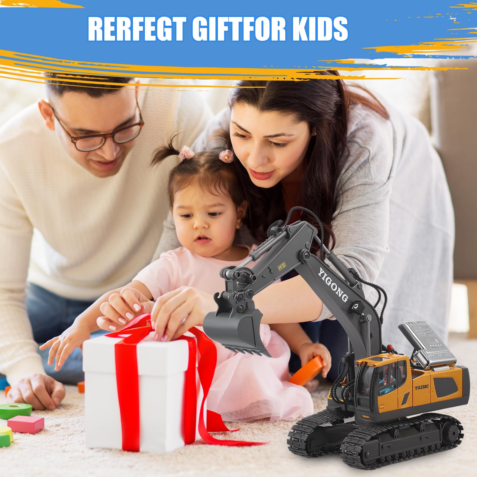 Excavadora con mando a distancia con luz y sonido para niños 3-12, 2,4 GHz Recargable rc Excavadora Metal Control remoto con pala de aleación y rotación de 680°, regalo para niños de cumpleaños y