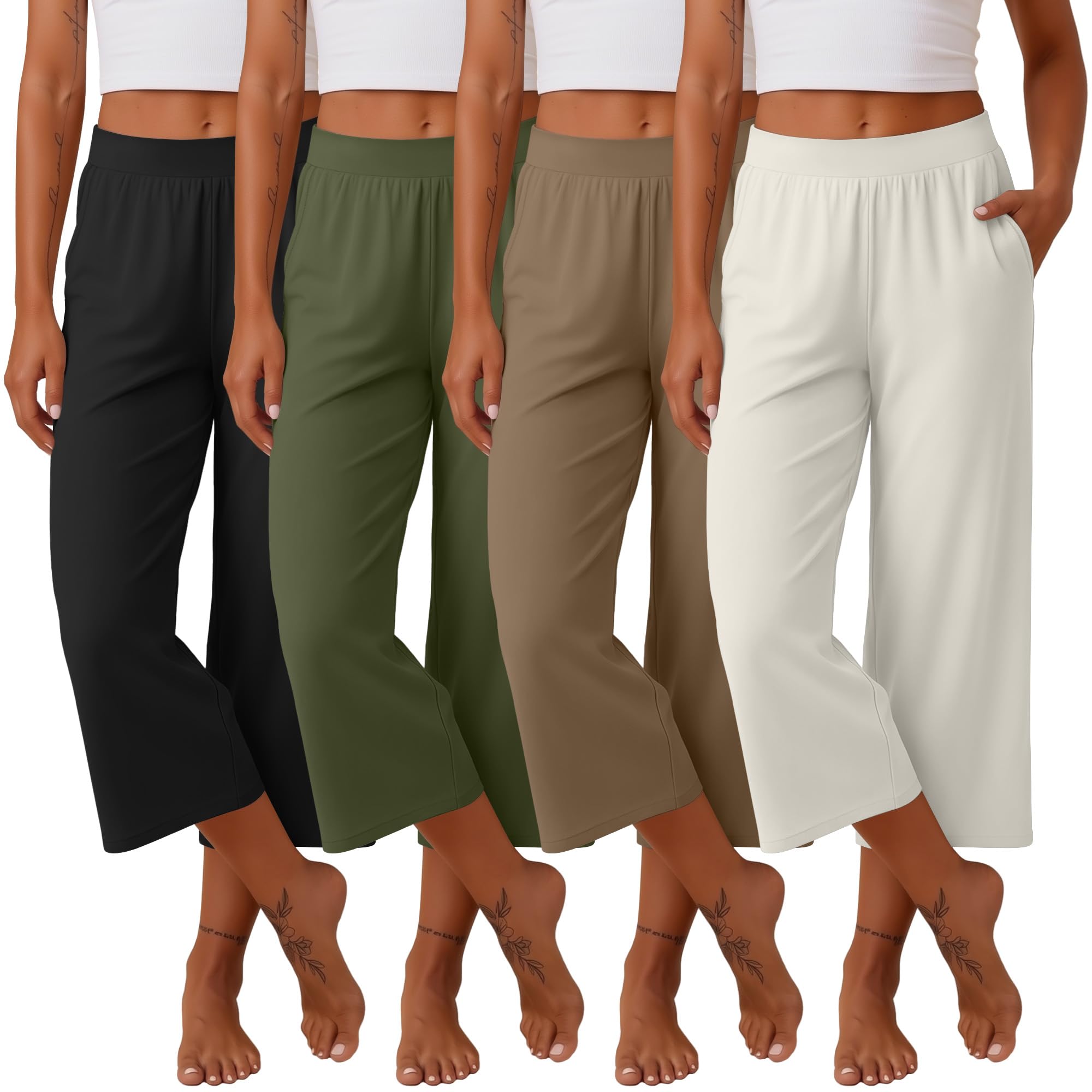 Neer 4 Pack Women's Capri Pants Wide Leg Capris Yoga Sweatpants Lounge Loose Fit High Waist Workout Cropped Pants with Pocket