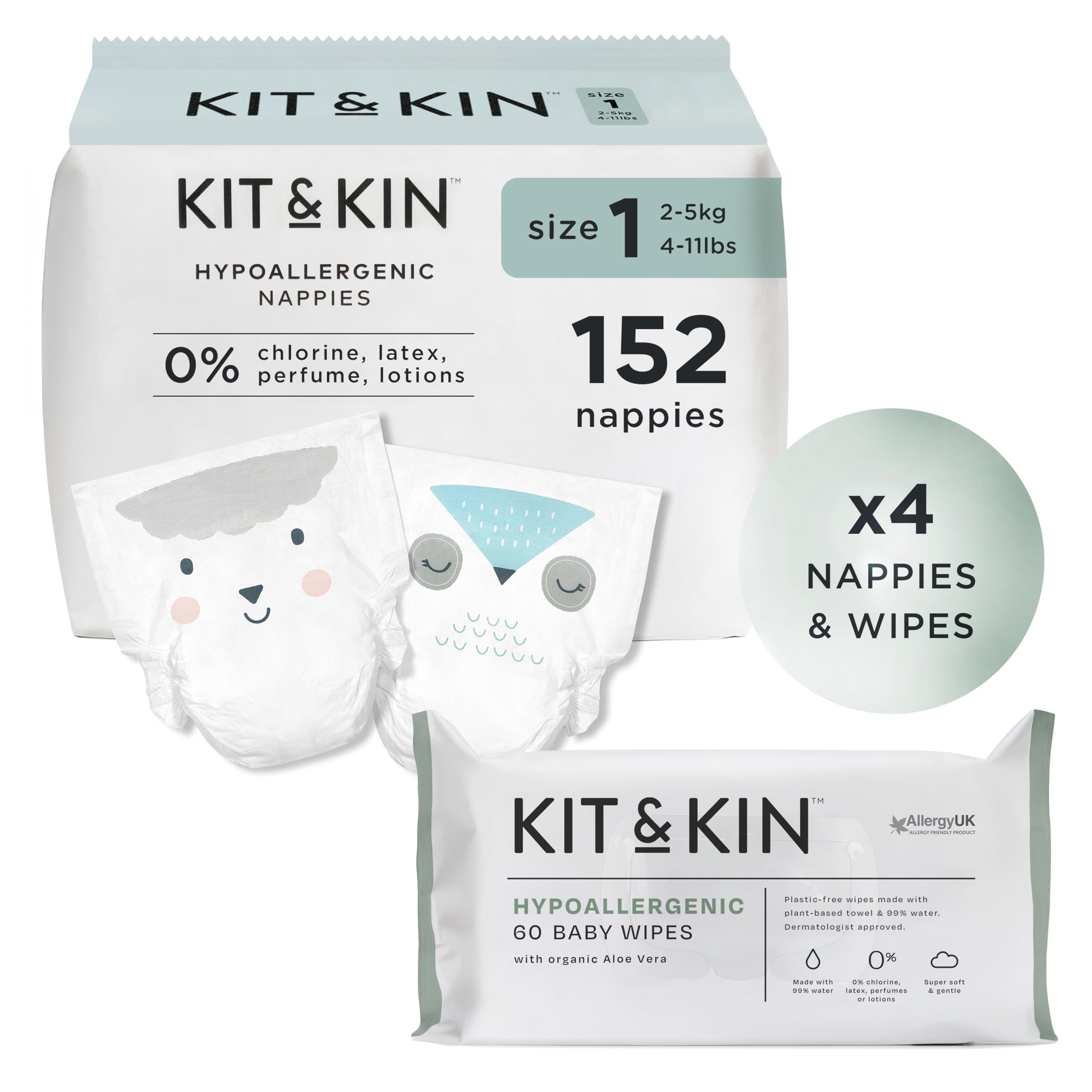 Premium Size 1 Newborn Essentials Starter Pack | 4X Packs Baby Nappies and 4X Packs Wet Wipes | Hypoallergenic with Flash Dry High-Performance Layer (152 Nappies, 240 Wipes)