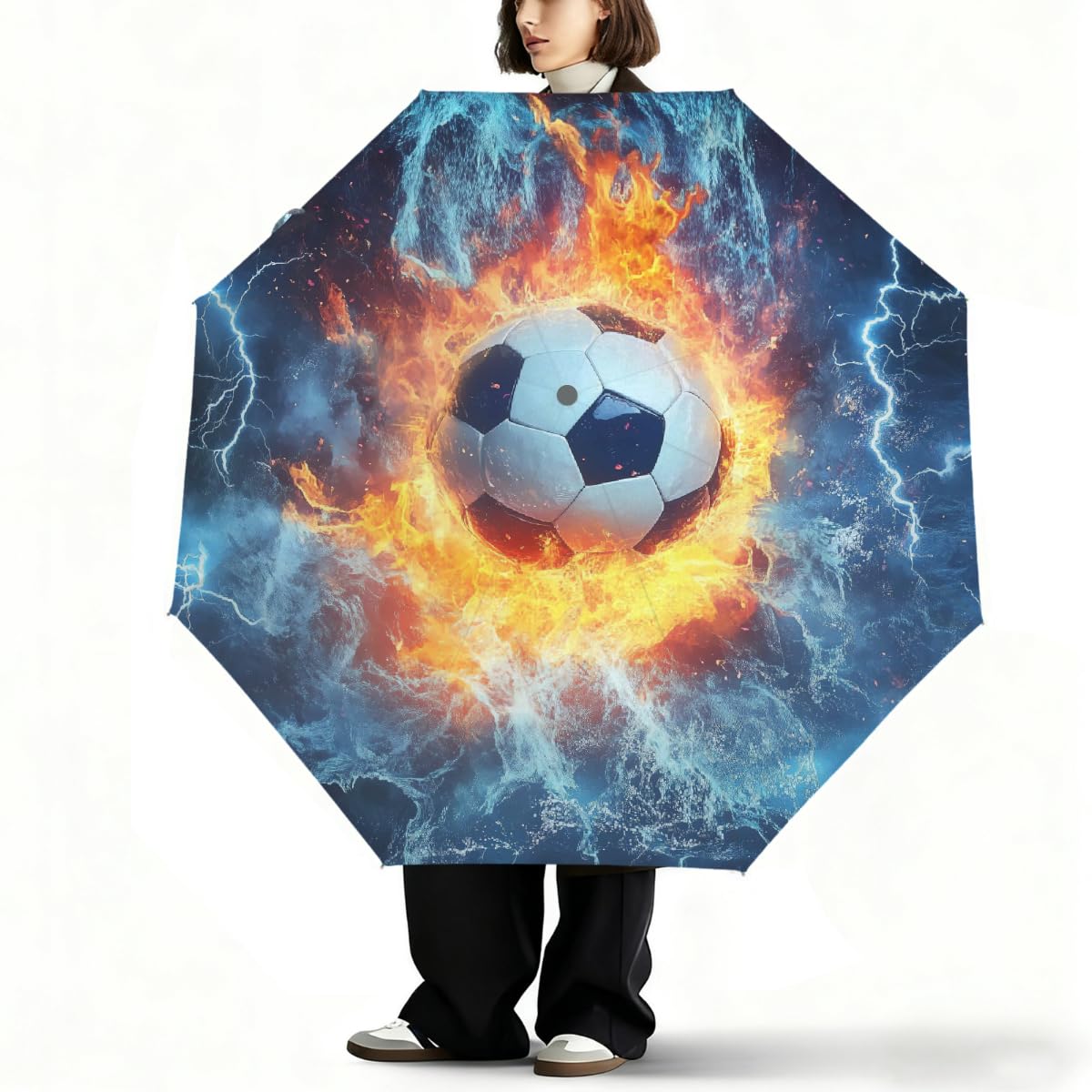 Ombrello pieghevole da calcio astratto acqua fuoco ombrello da viaggio compatto antivento impermeabile con protezione UV rivestimento nero leggero 8 coste portatile per pioggia sole