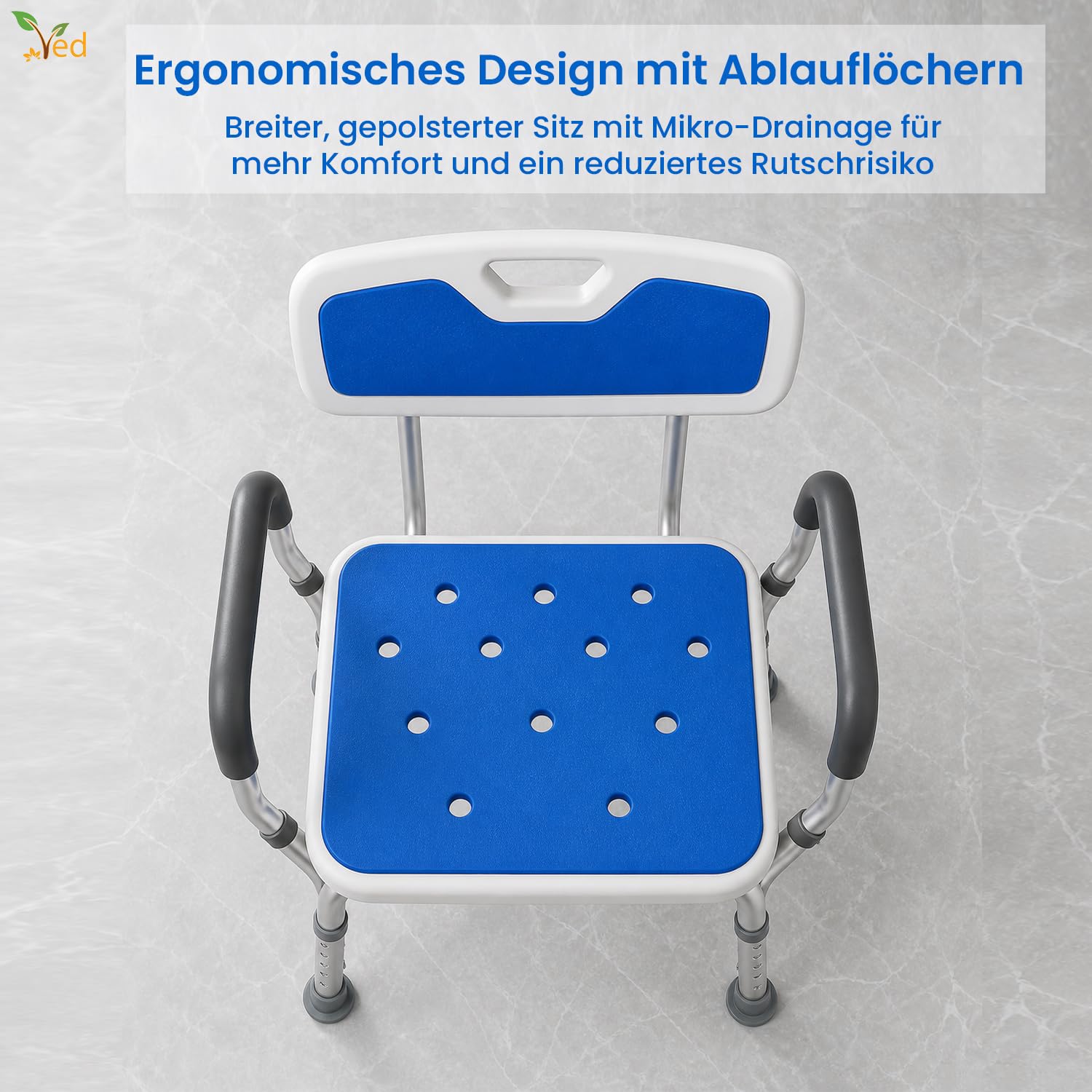 VED Duschstuhl | 6-Fach höhenverstellbare Duschbank | Inklusive gepolsterter Armlehne | rutschfeste Füße | Badewannenhocker für Senioren, Behinderte und Schwangere,(330 lb Capacity 43D x 12W x 50.6H)