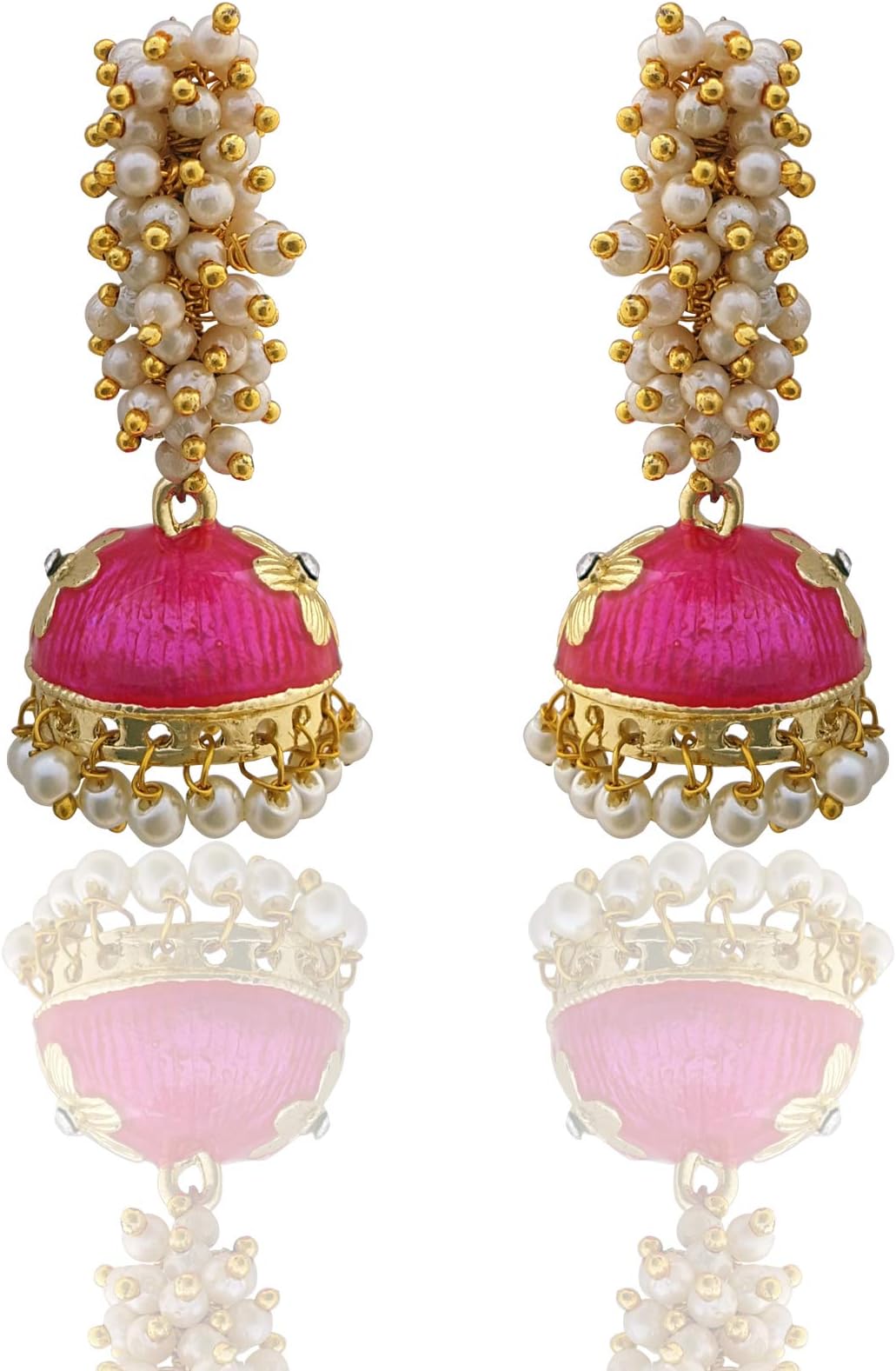 Golden Meenakari Jhumkas With White Pearls For Women (Green)