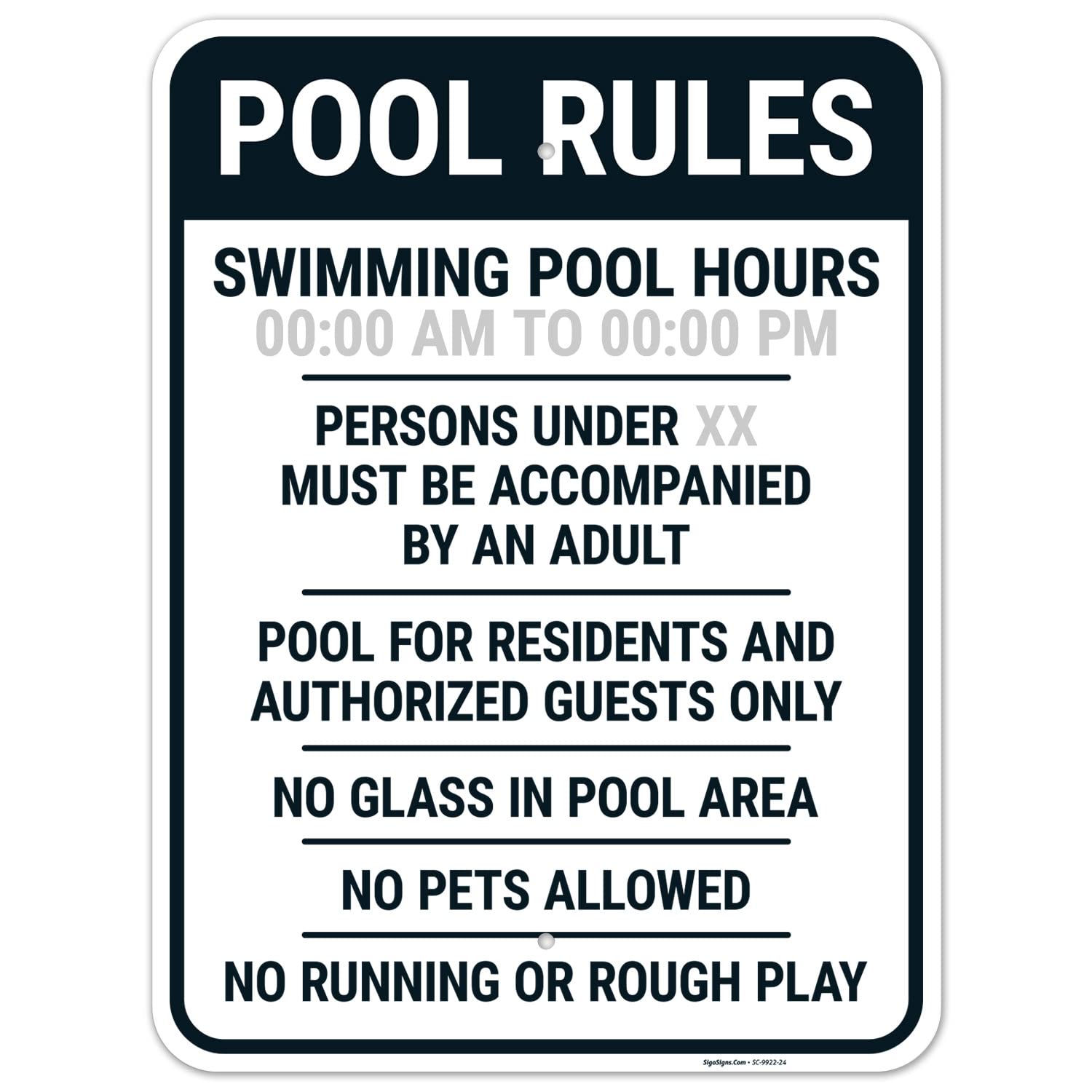 Custom Pool Rules Sign Swimming Pool Hours Sign, 18x24 Inches, Rust Free .063 Aluminum, Fade Resistant, Made in USA