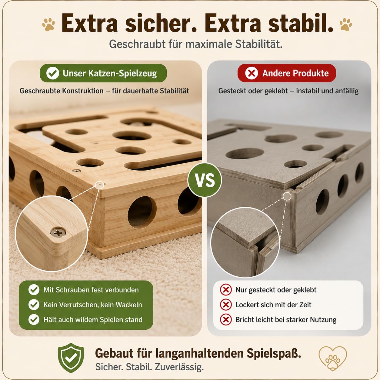 Taichaeu 2-in-1 Katzen Kratzspielzeug mit Intelligenzspiel & Krallenpflege - Interaktive Nagelfeilen, Katzen Krallenpflege beim Spielen, Katzen Kratzbrett aus Holz - 3 Glockenbällen & Federstab