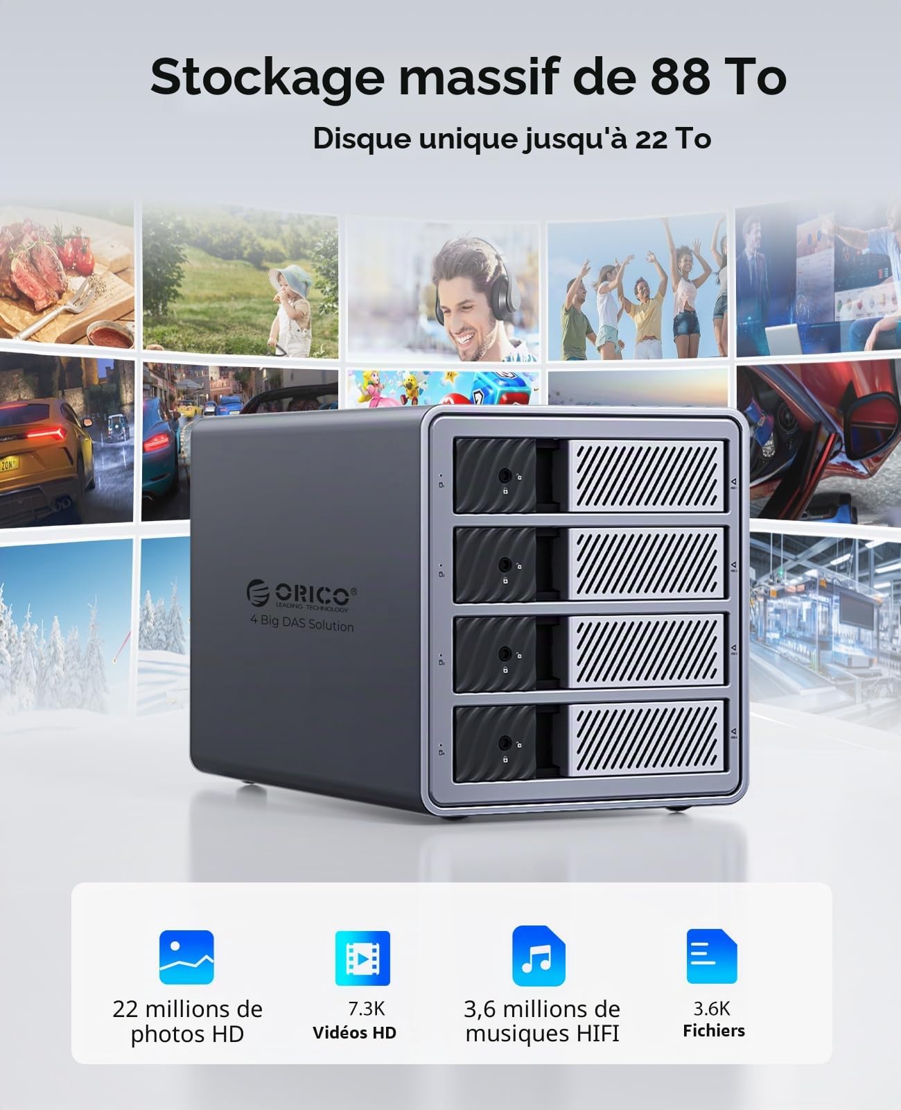 ORICO Raid Boîtier en Aluminium pour 4 Disques Durs, USB 3.0 Station d'accueil pour Disque Dur 3,5 Pouces SATA HDD, Compatible avec MacOS et Windows (9848RU3)