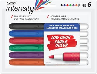 BIC Intensity Low Odor Dry Erase Marker, Fine Point (6.34 mm), Assorted Colours, Ultra-Comfy Rubber Grip, 6-Count