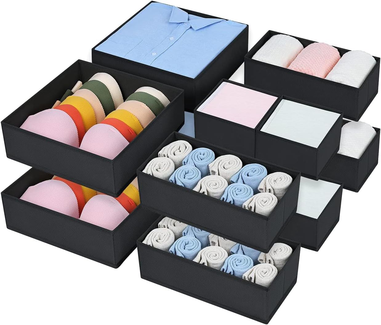 Homsorout Kleiderschrank Schrank Organizer - 12er Set Schubladen Organizer Kleidung Baby, Faltbare Aufbewahrungsbox Stoffboxen Aufbewahrung für kommode, Socken, BHs, Schwarz