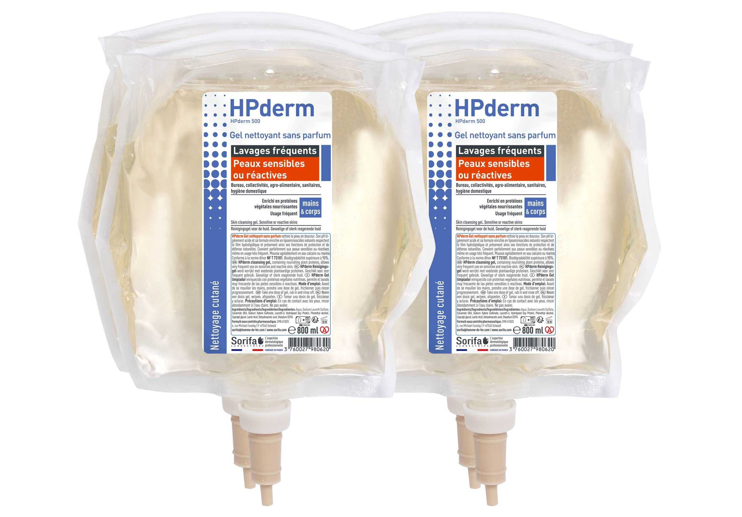 4er Pack - HPderm Reinigungsgel ohne Parfüm - häufiges Waschen - empfindliche oder reaktive Haut - Hände und Körper - mit schützenden Sojaproteine - pH-neutral, ohne Seife - Beutel 800 ml
