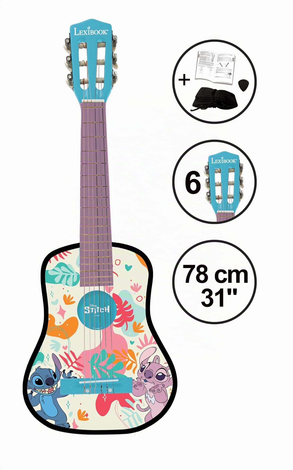 Lexibook, Disney Stitch, La mia prima chitarra acustica in legno, 6 corde in nylon, 78 cm (30), Guida all’apprendimento, plettro e tracolla inclusi, Blu, K2000DLXB