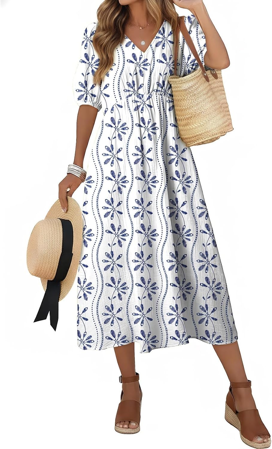 Dokotoo Women's Summer Short Sleeve V Neck Casual Boho Dresses Elastic High Waist Floral Flowy Maxi Dresses with Pockets