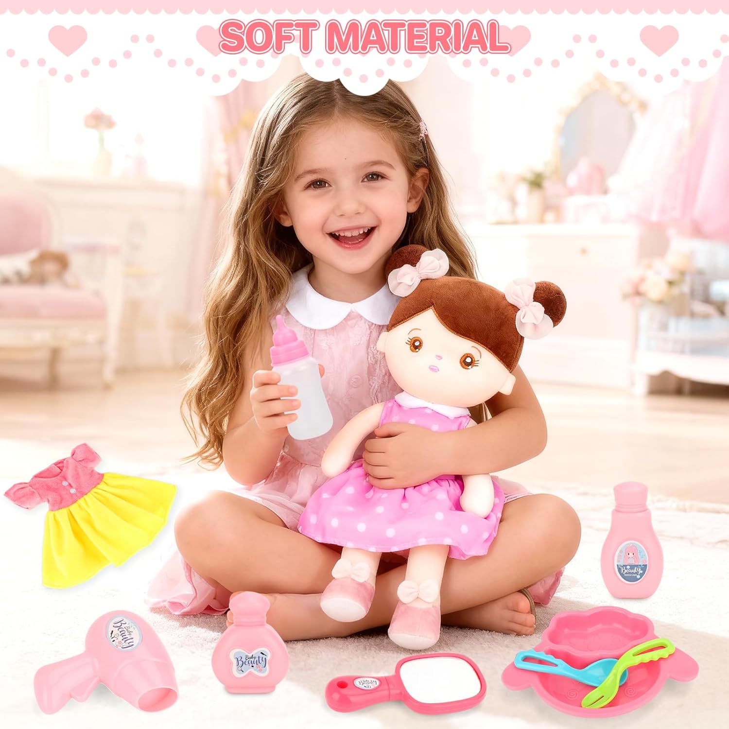 deAO Soft Baby Doll 17 Inch Baby Doll Set with 2 Dresses,Mirror and Comb, My First Baby Dolls Christmas Birthday Plush Toys Gift for Toddler Girls