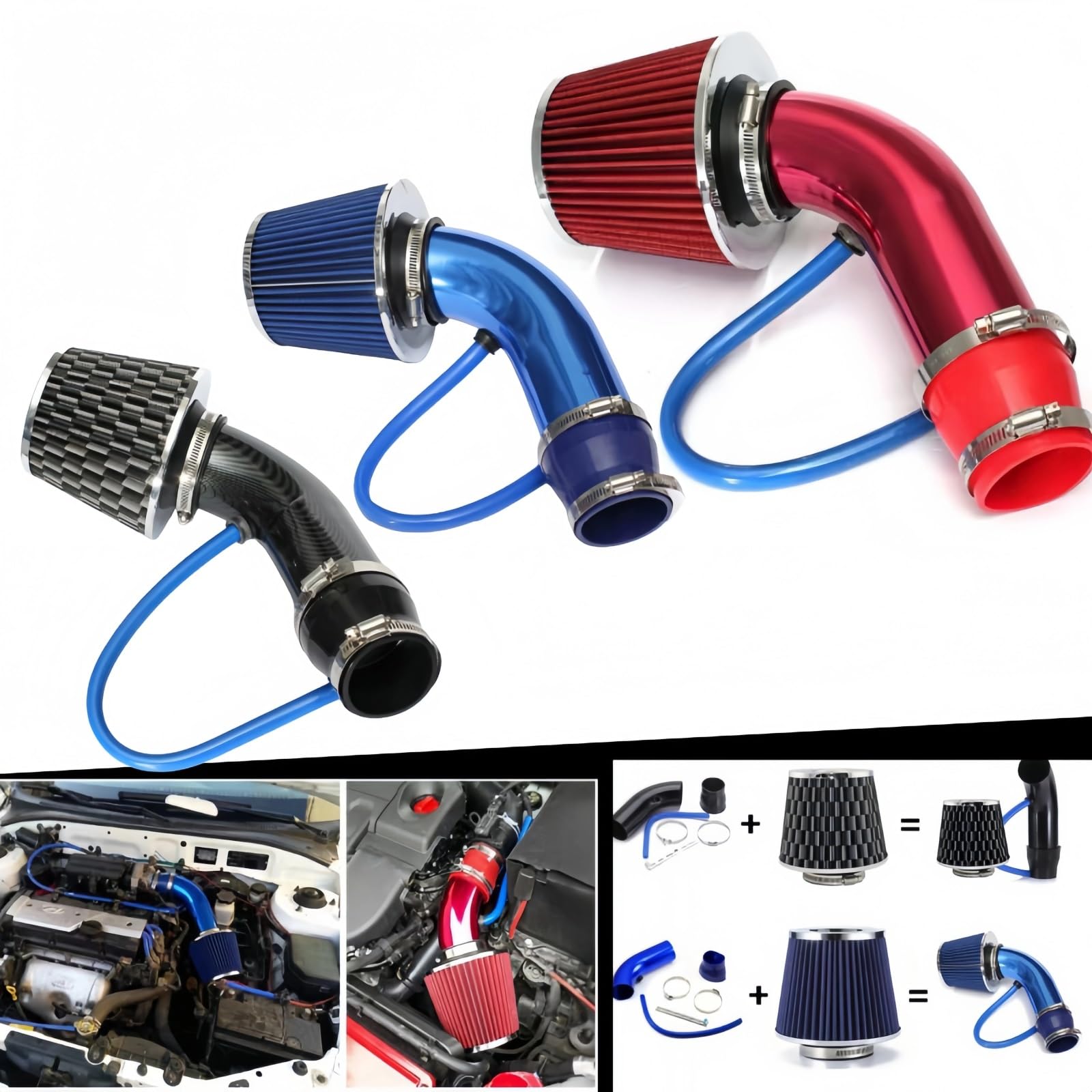 HILLAR Tubo De Admisión De Aire Kit Filtro Entrada Aire Frío Alto Flujo Universal 76mm Tubo Cabeza Seta Apto Rendimiento Turbo Coche(Negro)