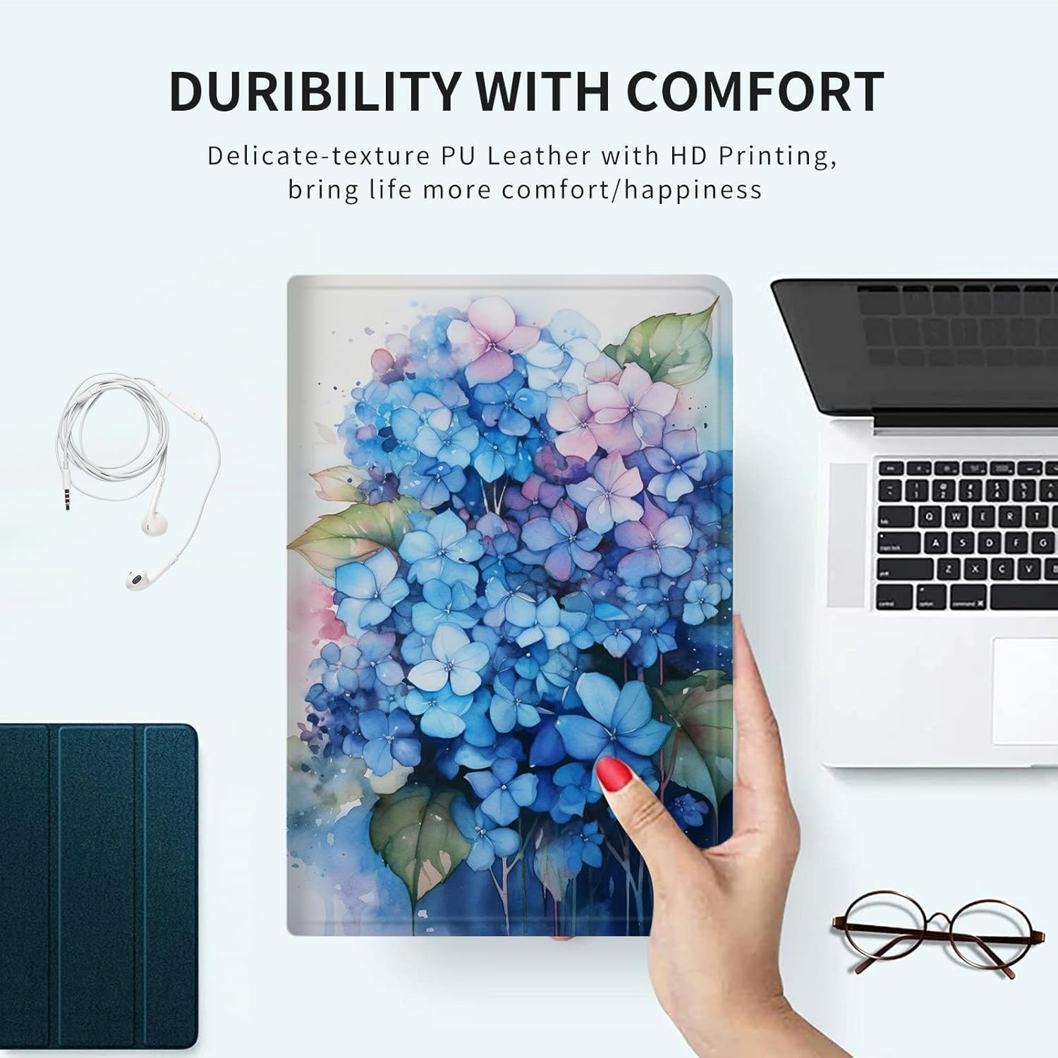 for iPad Air 11 Inch Case M2 (2024) /Air 6th/5th/4th Gen (2024/2022/2020) PU Leather Slim Lightweight Multi-Angle Stand Smart Cover with Auto Wake/Sleep,Blue Hydrangea Flowers