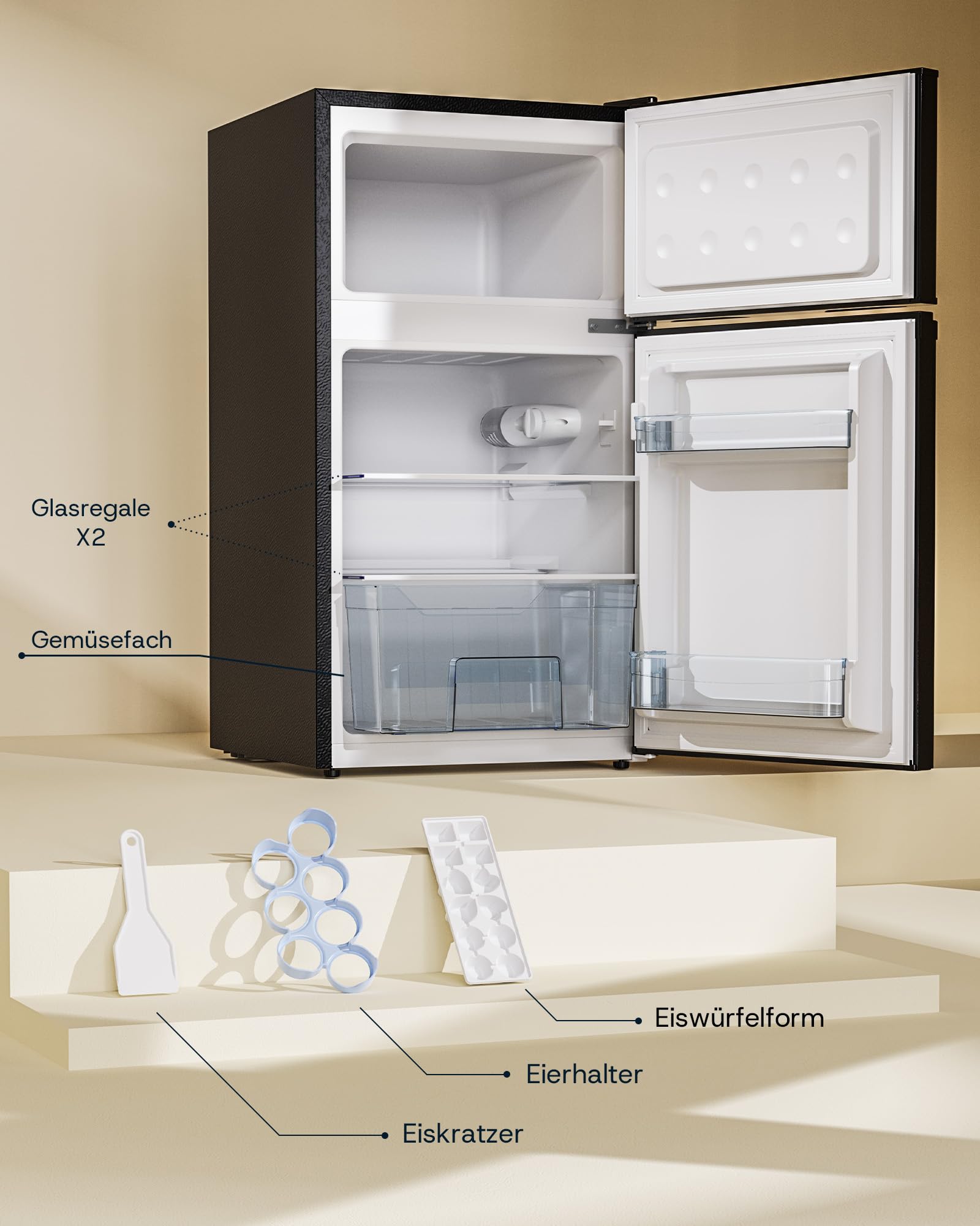 Upstreman 84L Kühl Gefrierkombination, Kühlschrank mit Gefrierfach oben，39dB Leise und LED Beleuchtung，Kleiner Kühlschrank mit 2 Wechselbare Tür, TM84 Schwarz