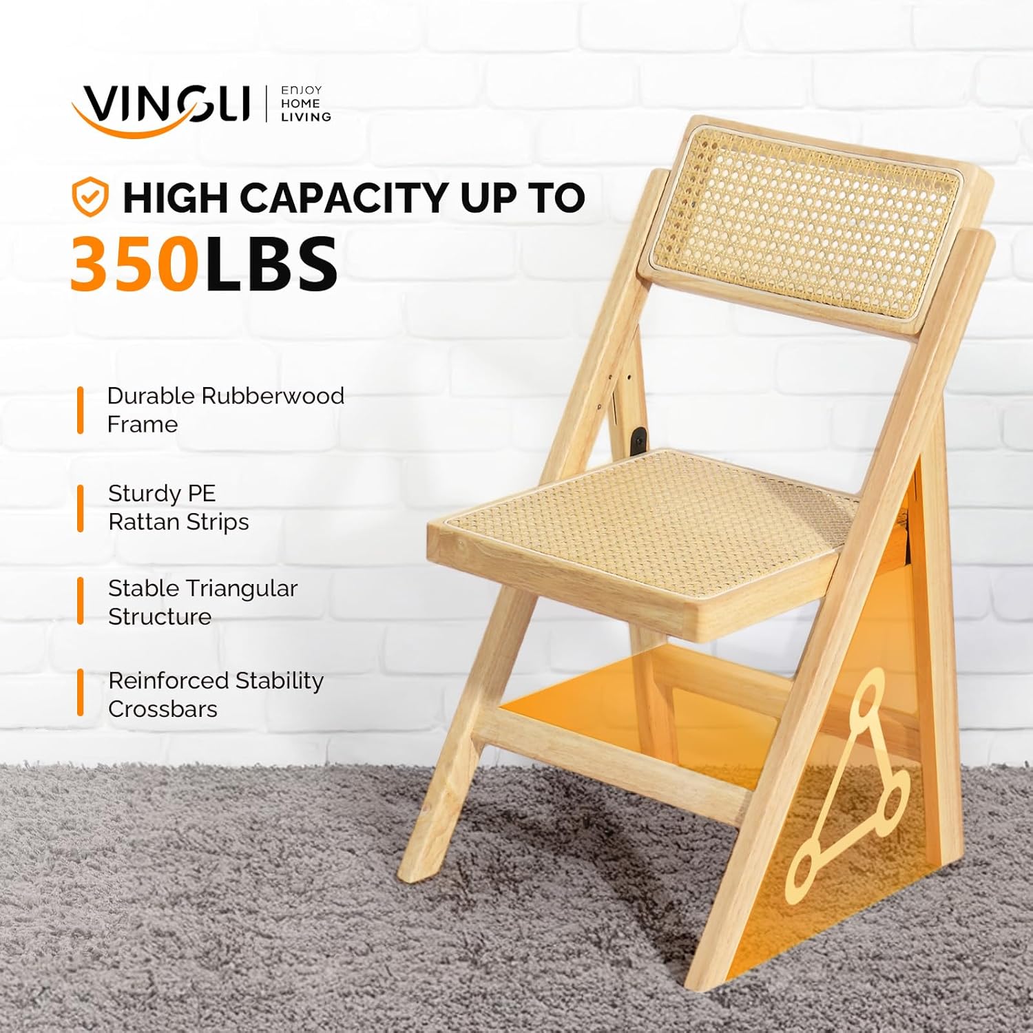 VINGLI 2 Pack Rattan Wooden Folding Chair, Dining Folding Chair with 360° Swivel Backrest, Sturdy Rubberwood Frame and Rattan Woven Seat and Back, Natural Color, Set of 2
