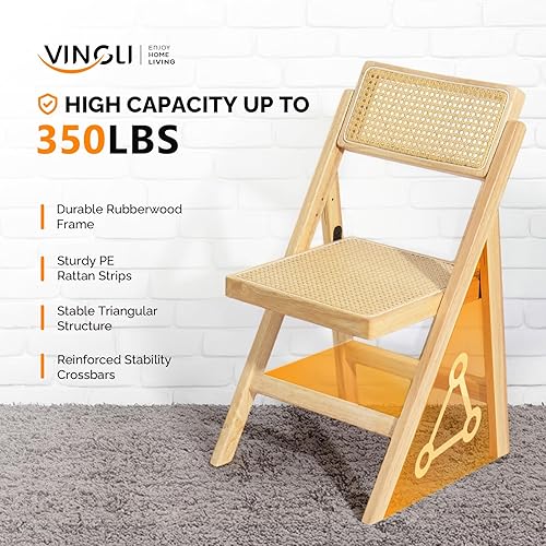 Miniatura 4 de VINGLI Paquete de 2 sillas plegables de madera de ratán, silla plegable de comedor con respaldo giratorio de 360, marco de madera de caucho