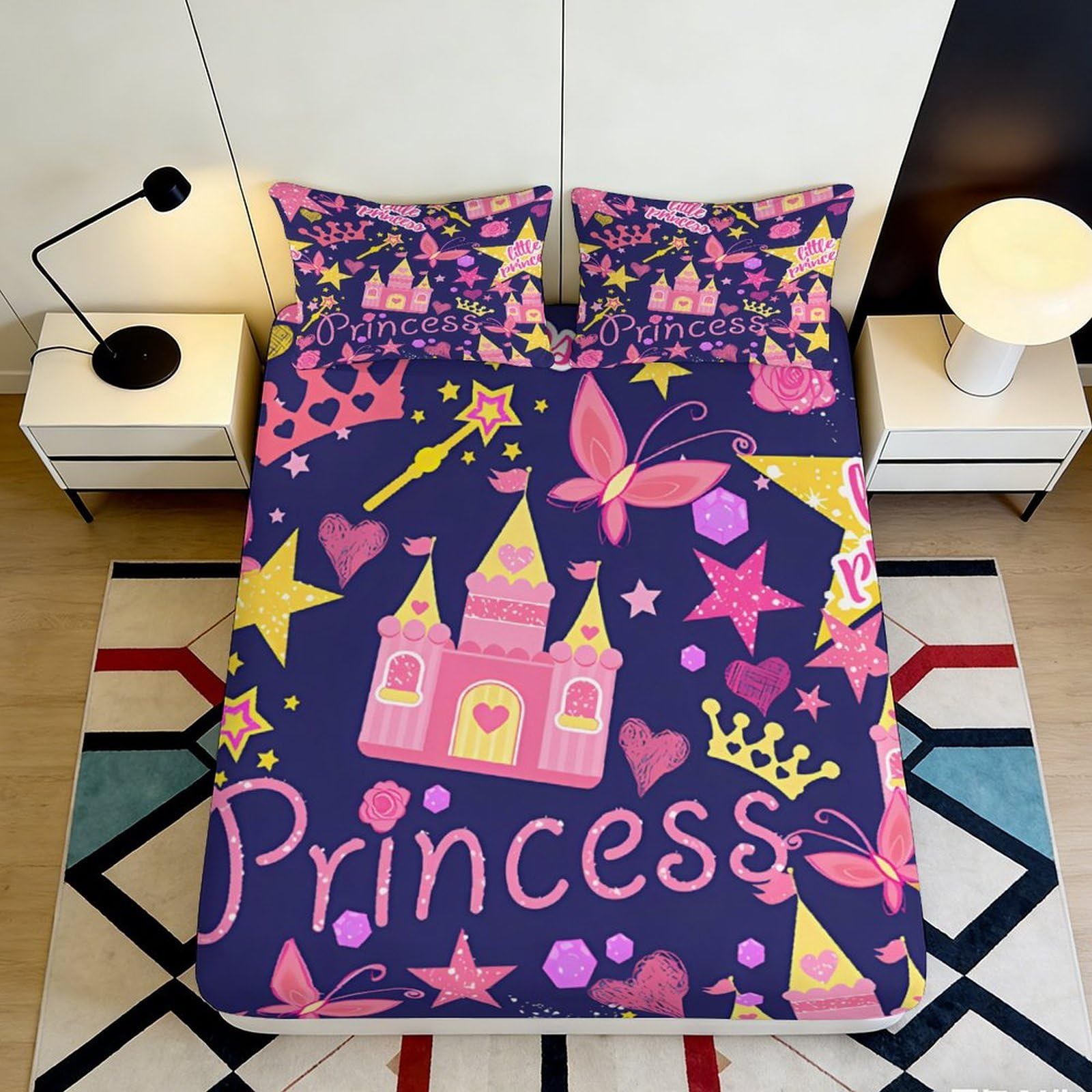 3D Printed Princess Castle Fitted Sheet Microfiber Pink Crown Star Mattress Cover Non Slip Easy Care for Bedroom Guest Room Decor 90x200x25cm