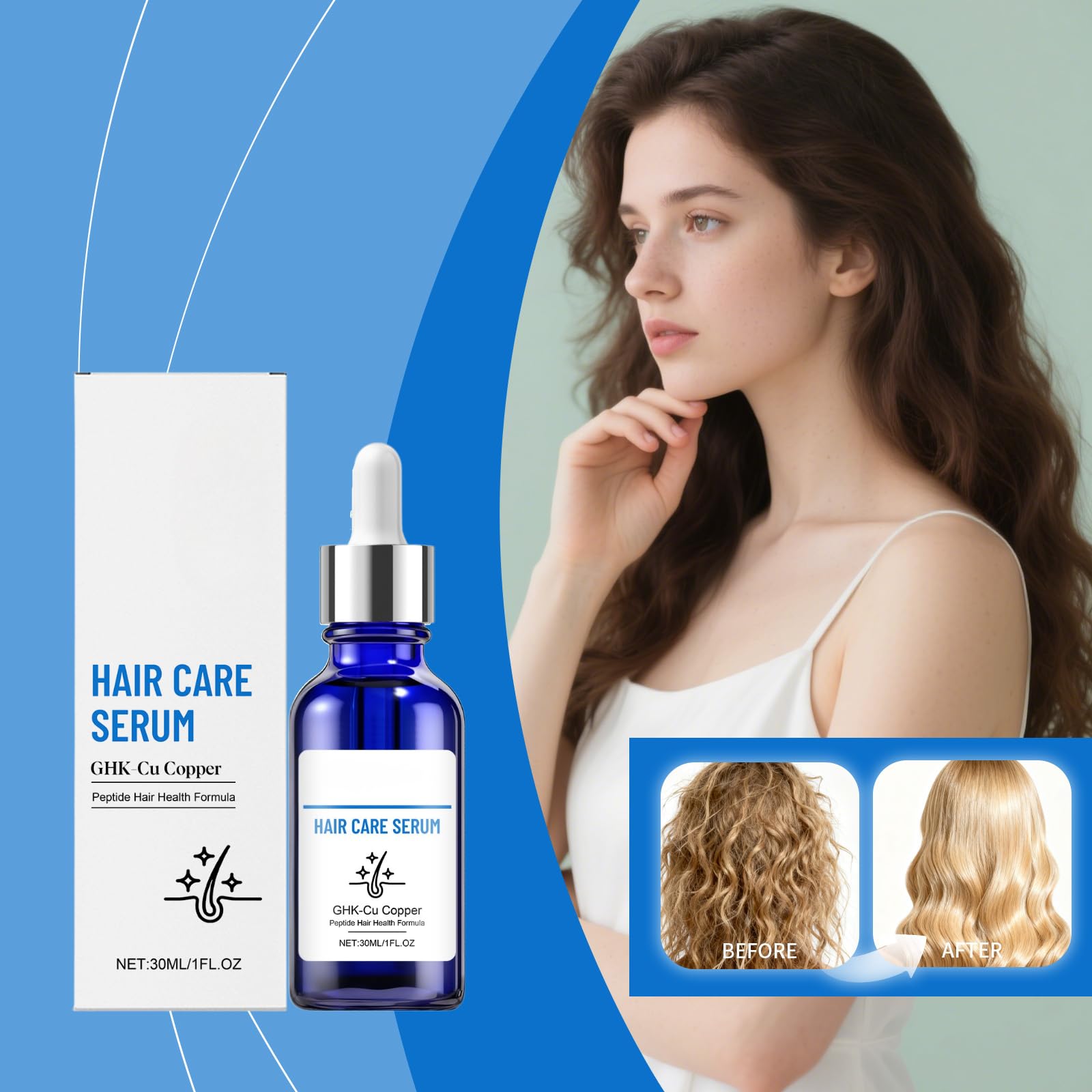 Siero per la cura dei capelli con peptidi di rame GHK-Cu, peptidi di rame  per supporto alla crescita dei capelli, siero rinforzante per capelli  secchi e danneggiati, cuoio capelluto nutriente, olio :