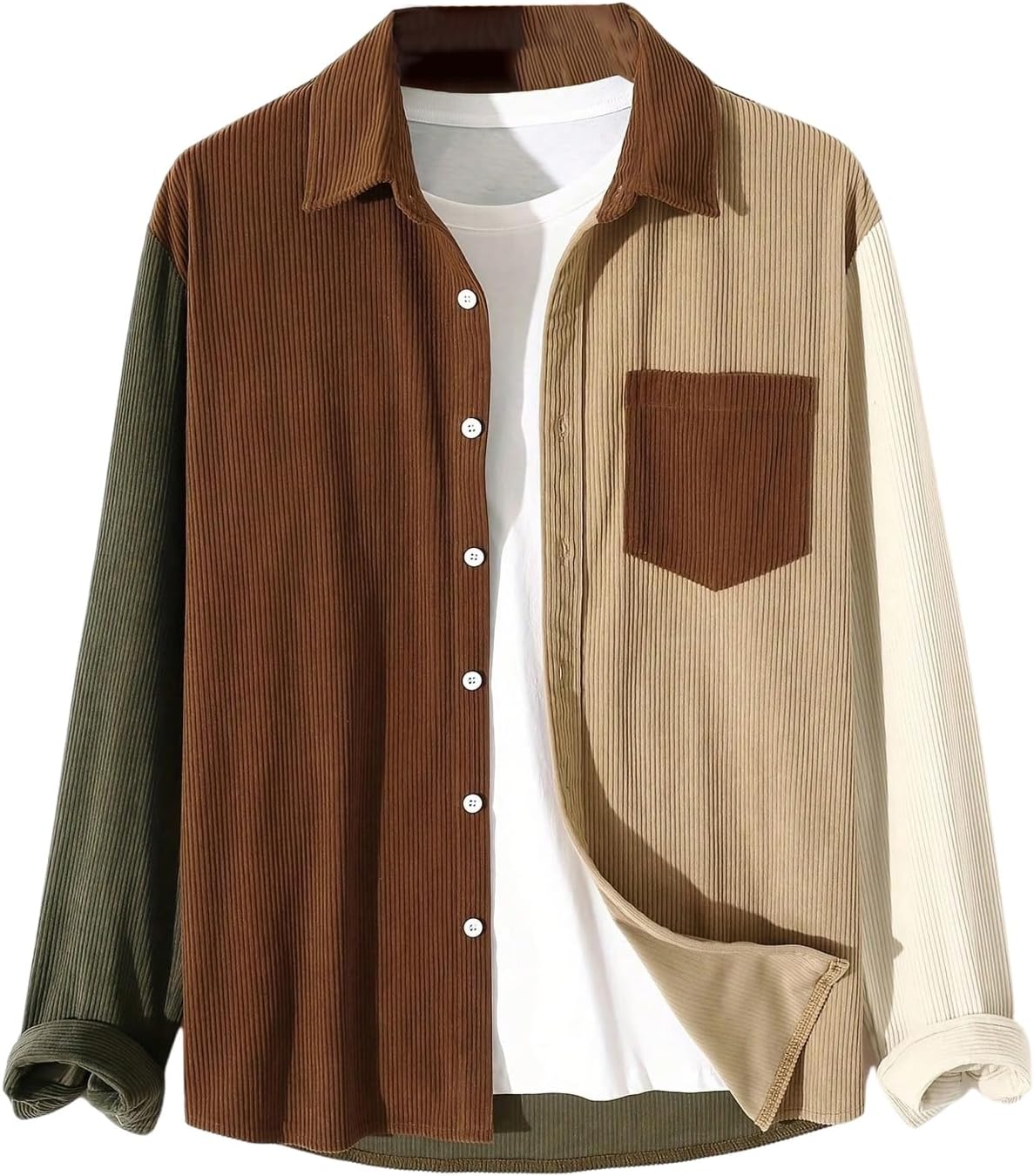 SHENHE Men's Corduroy Button Down Shirt Jacket Color Block Long Sleeve Shacket with Pocket
