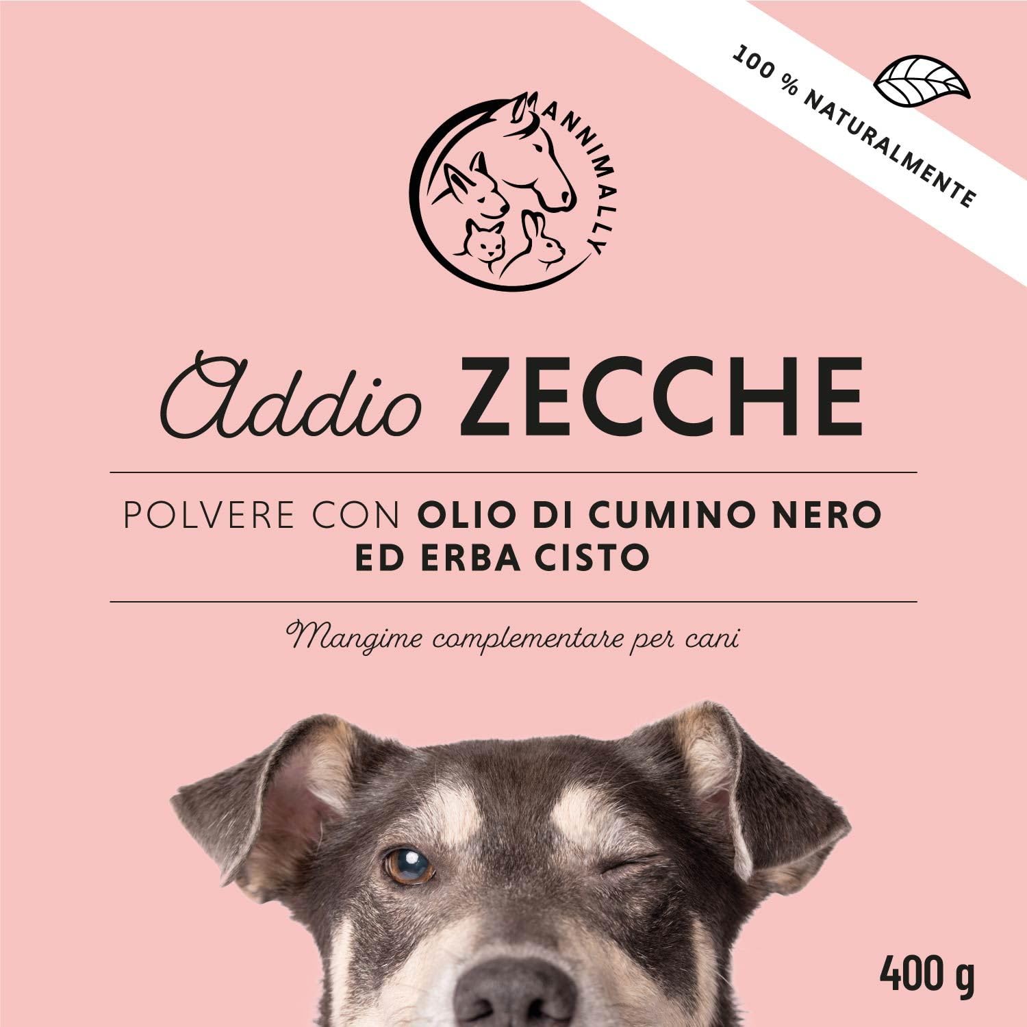Addio Zecche in polvere per cani - 400g di polvere con olio di cumino nero, cisto, lievito di birra e alghe marine - Polvere efficace, completamente naturale come alternativa a compresse