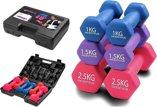 INCENTIVUS 10kg Neoprene Dumbbells Weights Full Set with Carry Case. Premium 10kg Ladies Neoprene Weight Lifting Set