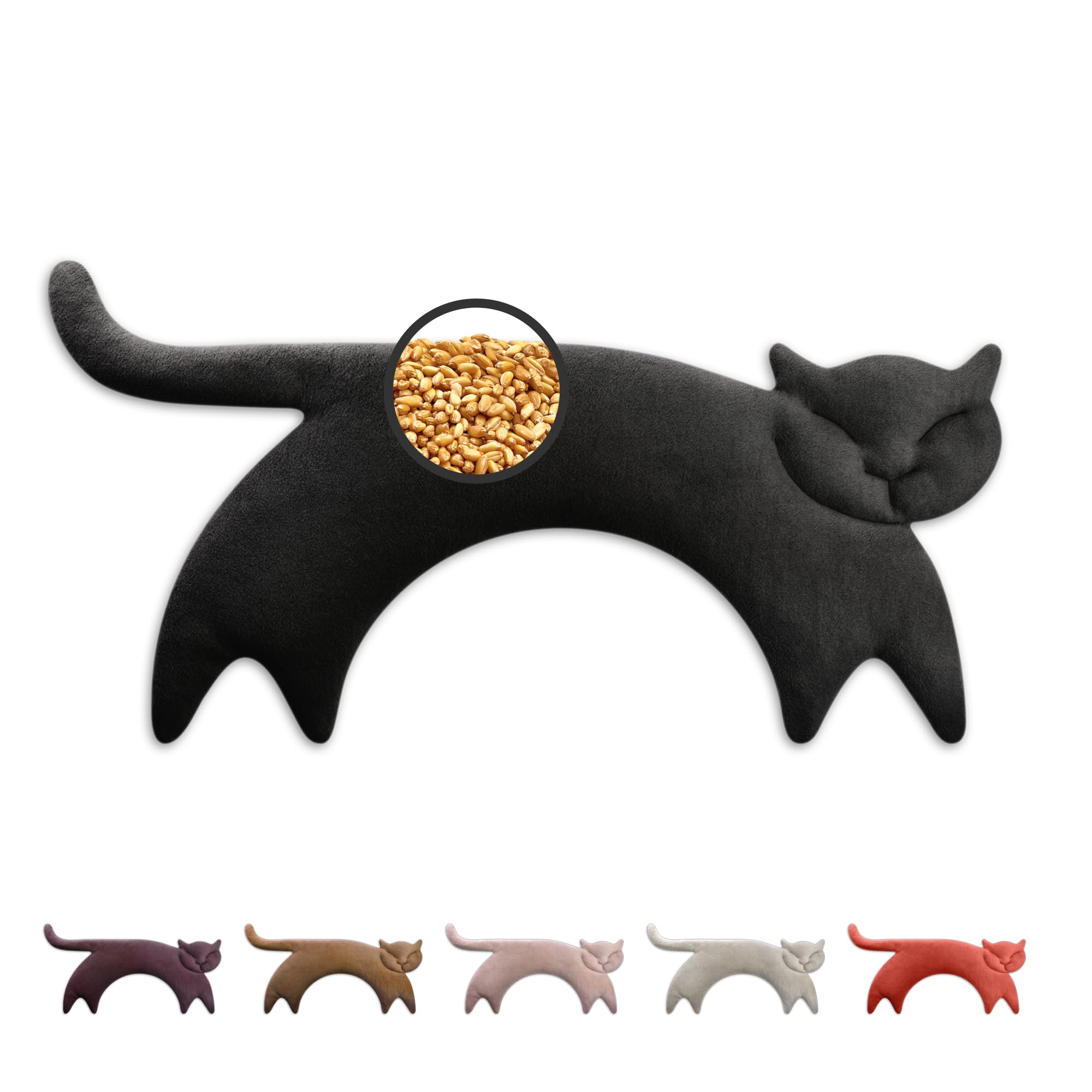 LESCHI Cuscino cervicale termico per microonde, 100% cotone e grano biologico, gatto nero, cuscino riscaldante ideale come fonte di calore in inverno e per alleviare tensioni a spalla schiena collo