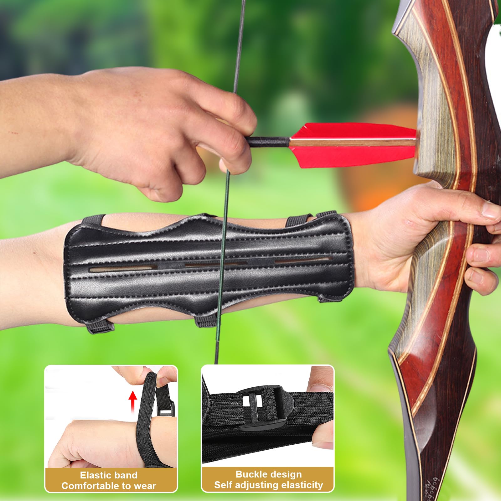 Set Protège Bras de ​Tir à l'arc en Cuir PU Garde de Bras de tir à l'arc Noir Protection d'avant-Bras avec Sangles Réglable et Cuir Protège Doigts pour Arc Classique Arc Composé