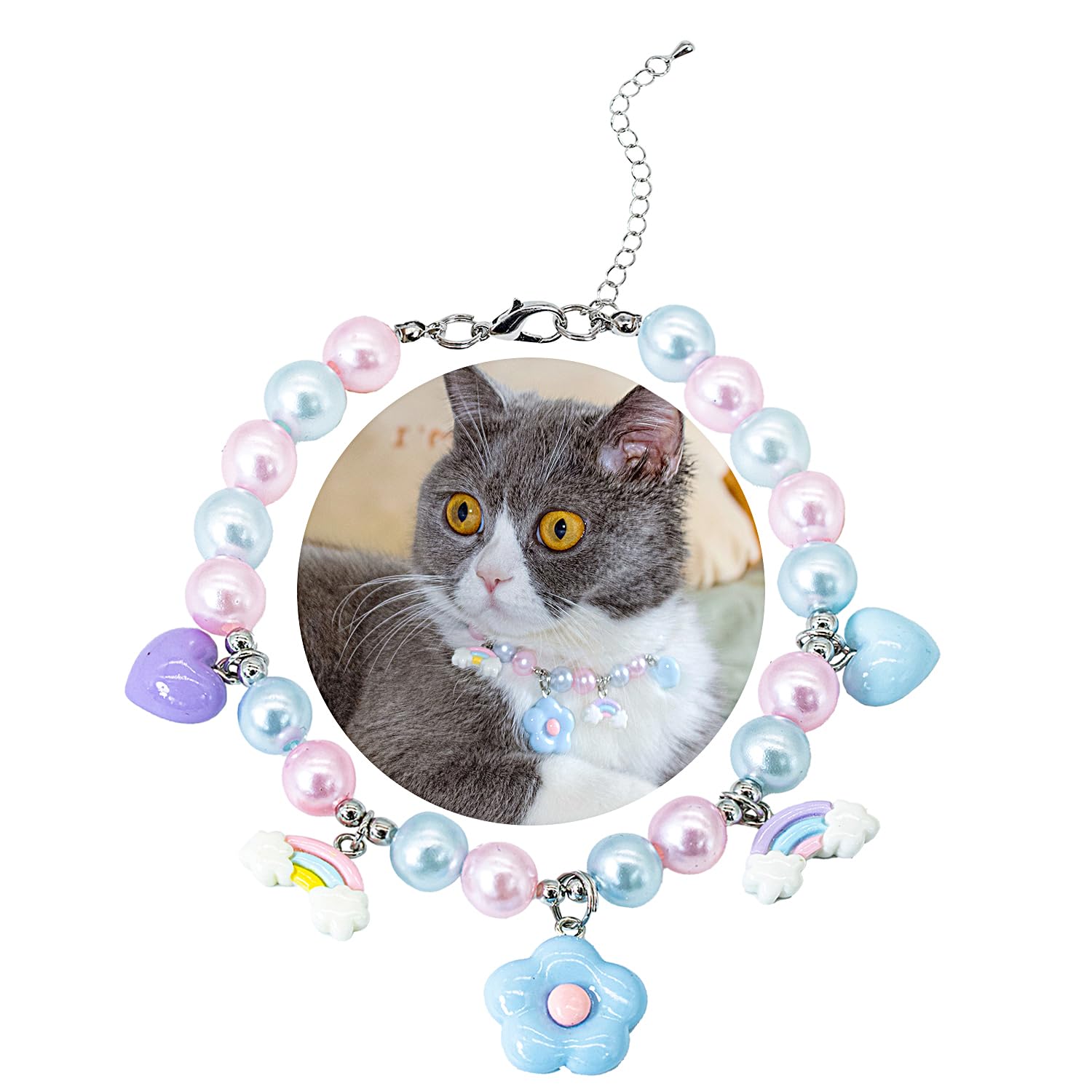 SM4BED Dog Cat Collar Pearl Necklace, White and Pink Beads with Cute Blue Flower Pendant and Adorable Rainbow Heart, Adjustable Small Pet Jewelry for Chihuahua Yorkie, S 8.6IN