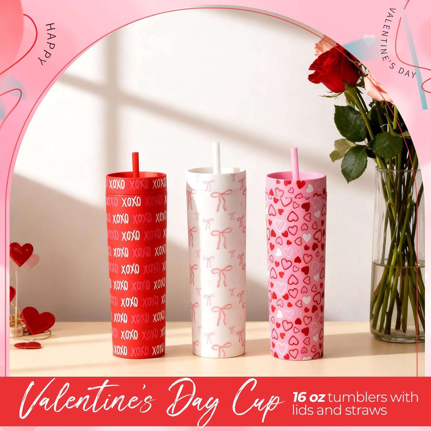 Honeydak 3 Pcs Valentines Tumbler Valentines Cups Gifts, 16oz Red White Pink Tumbler with Lid Straw Heart Bows Reusable Cups Plastic Travel Mugs for Women Galentines Wedding Anniversary Birthday - Image 4