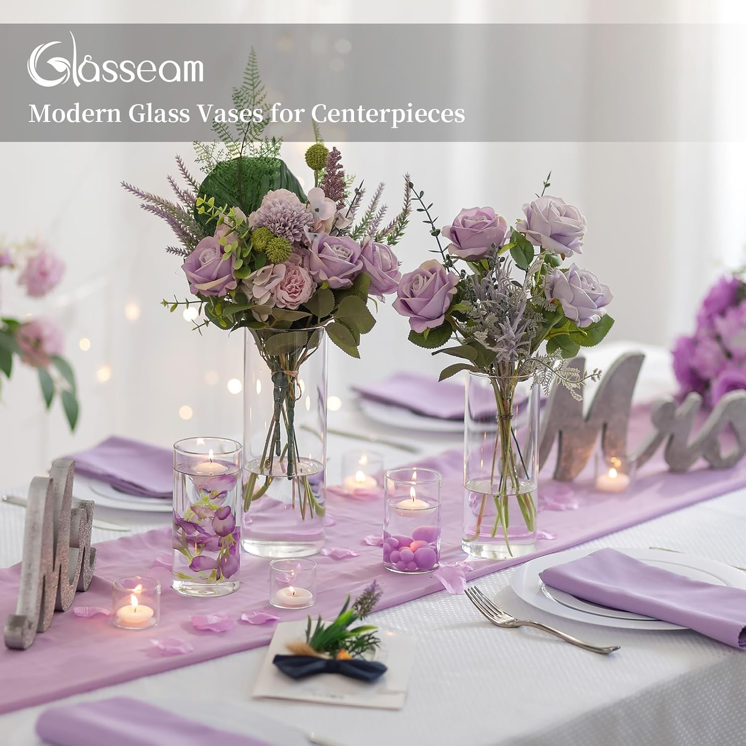 36Packs Cylinder Glass Vases for Centerpieces: Glasseam Clear Flower Vases Set Bulk 4" 6" 8" 10" Hurricane Floating Pillar Candle vase Holder - Modern Centerpiece for Wedding Dining Home Table Decor 36Pcs