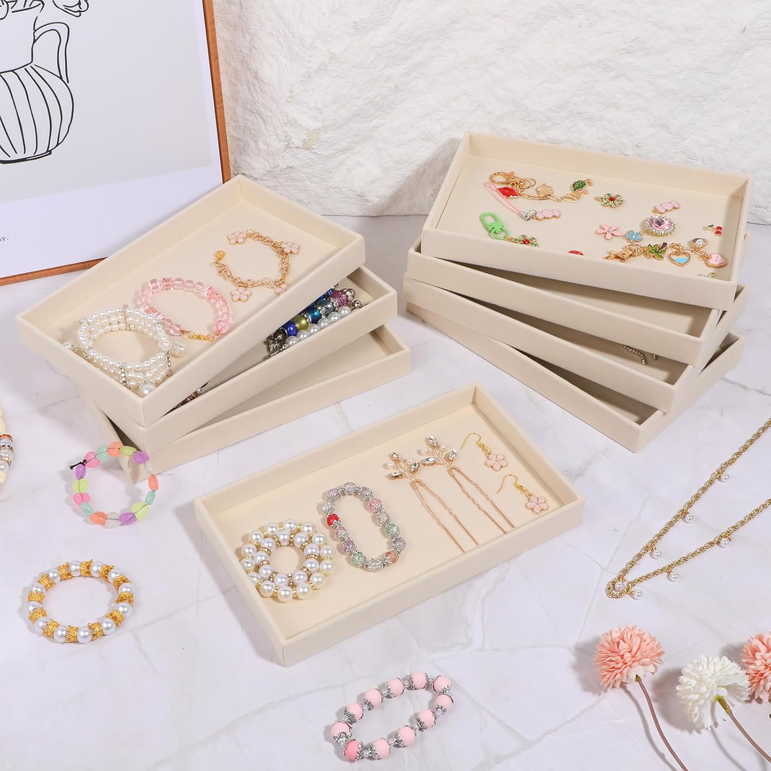 12 Pcs Velvet Jewelry Tray, 8.3x5x1 Inches Stackable Jewelry Drawers Organizer Trays JewelryStorage Display Trays for Necklace, Earring, Ring, Bracelet (Beige)