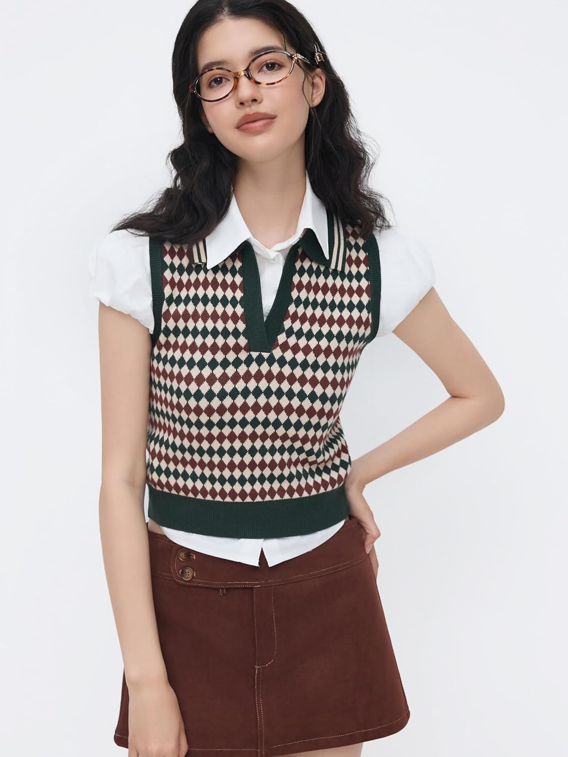 CIDER Knit Jacquard V-Neck Polo Geometric Crop Vest