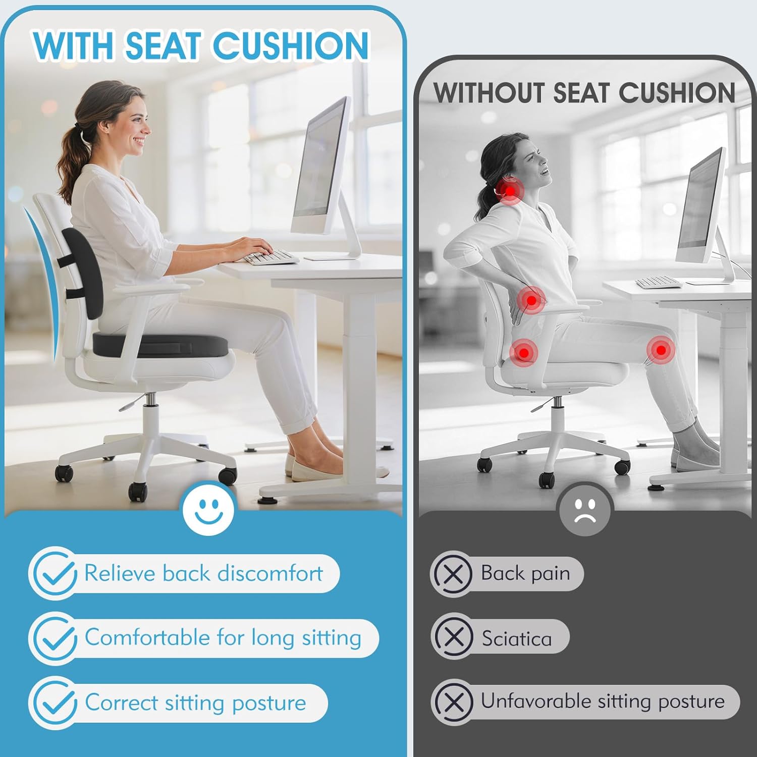 Seat Cushion, Lumbar Support Pillow with Adjustable Strap-Chair Cushions for Sciatica Pain Relief-with Washable Cover Memory Foam for Car, Travel and Wheelchair-Gray X-Large
