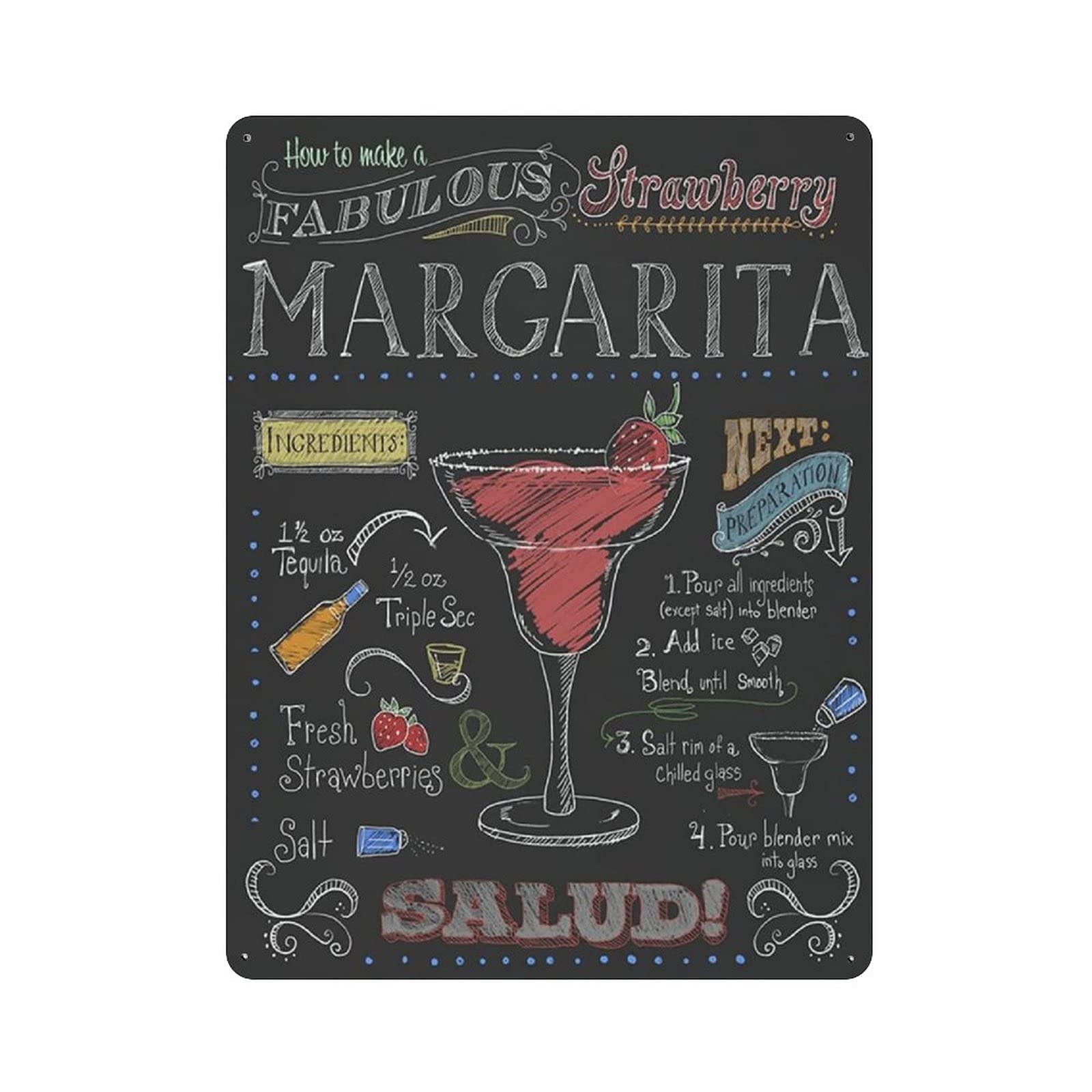 rayprint Metal Tin Sign Strawberry Margarita Recipe Tin Sign Metal Aluminum Sign Vintage Wall Decor Retro Poster for Bars Restaurants Cafes Pubs Home Decoration 16"x12"