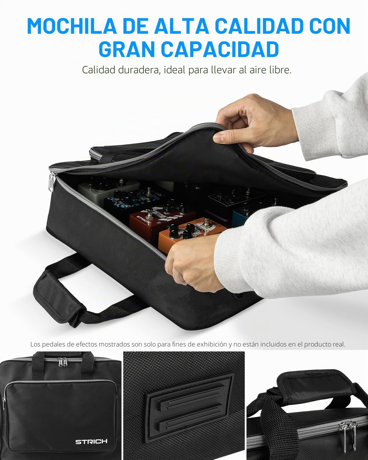 STRICH Tabla de Pedales de Guitarra con Fuente de Alimentación Integrada, Tabla de Pedales 15 x 7.8" Aleación de Aluminio Ligera, Tabla de Pedales con Cables de Pedal, Bolsa, Tiras de Velcro PB-MP15