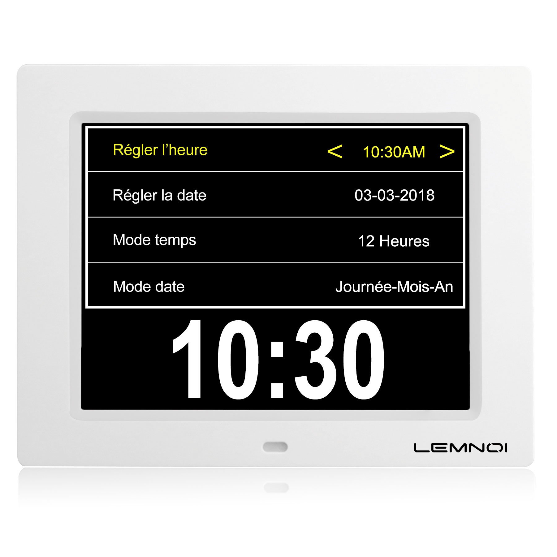 LEMNOI 7 Pulgadas Reloj Calendario Alzheimer,Reloj con Fecha y Dia Demencia,15 Alarmas y 15 Alerta Pastillas (8in Blanco)