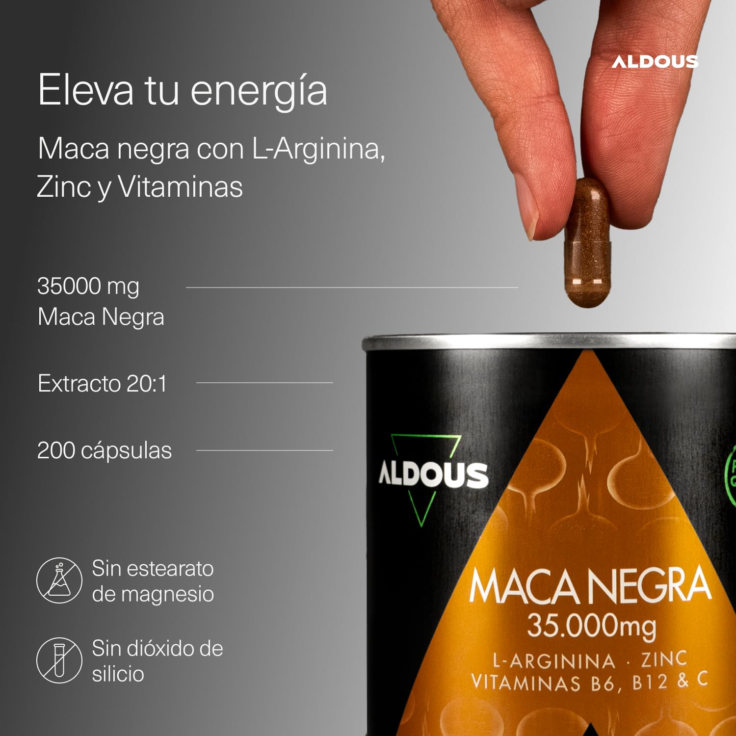 Maca Negra Peruana Complex 35.000 mg - Ultraconcentrada - 200 cápsulas - Arginina, Zinc, Vitamina C, B12 y B6 - Maca Peruana Extracto 20:1 - Aumenta Energía, Vitalidad - Libre de plástico - ALDOUS
