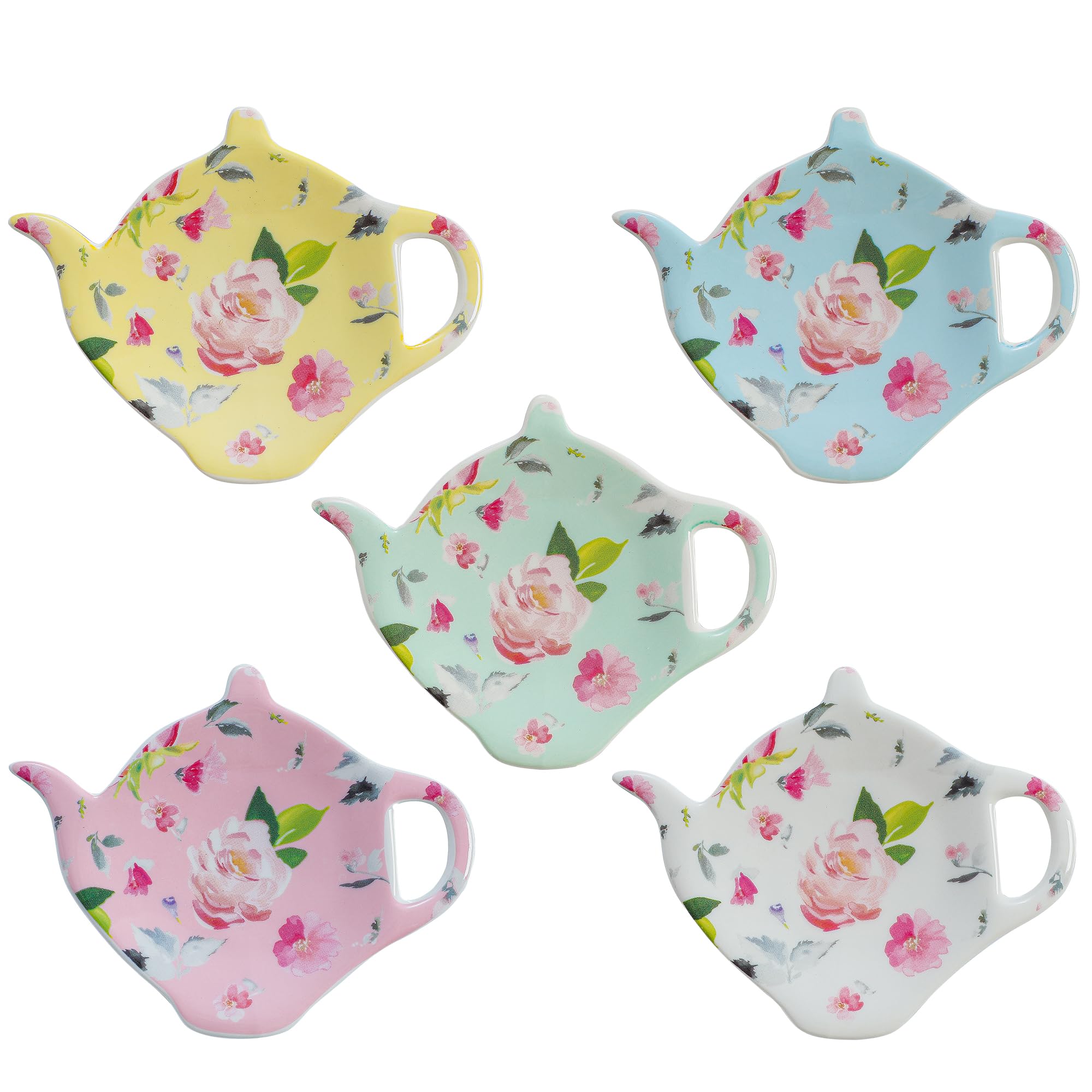 PRECITIME Porcelain Tea Bag Coasters, Floral Used Tea Bag Holder, Set of 5 Tea Bag Plates Floral, Teaspoon Rest, Tea Bag Rest Dish, Tea Party Gifts