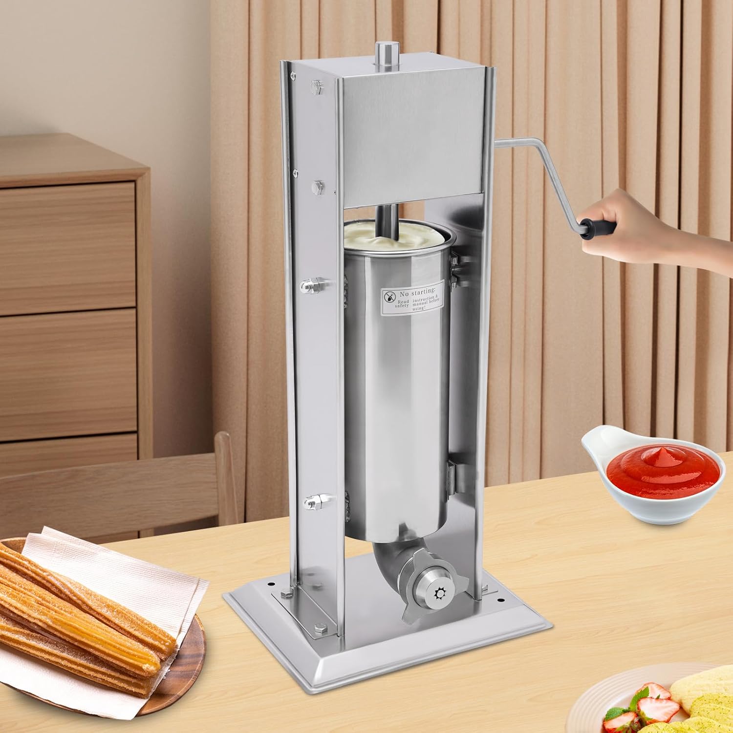 Manual Churros Machine, 5l Vertical Churro Machine Commercial Manual Churros Maker Machines Stainless Steel Spanish Donut Churrera Churros Motor with Nozzles for Bakeries Cafeterias Food Factories