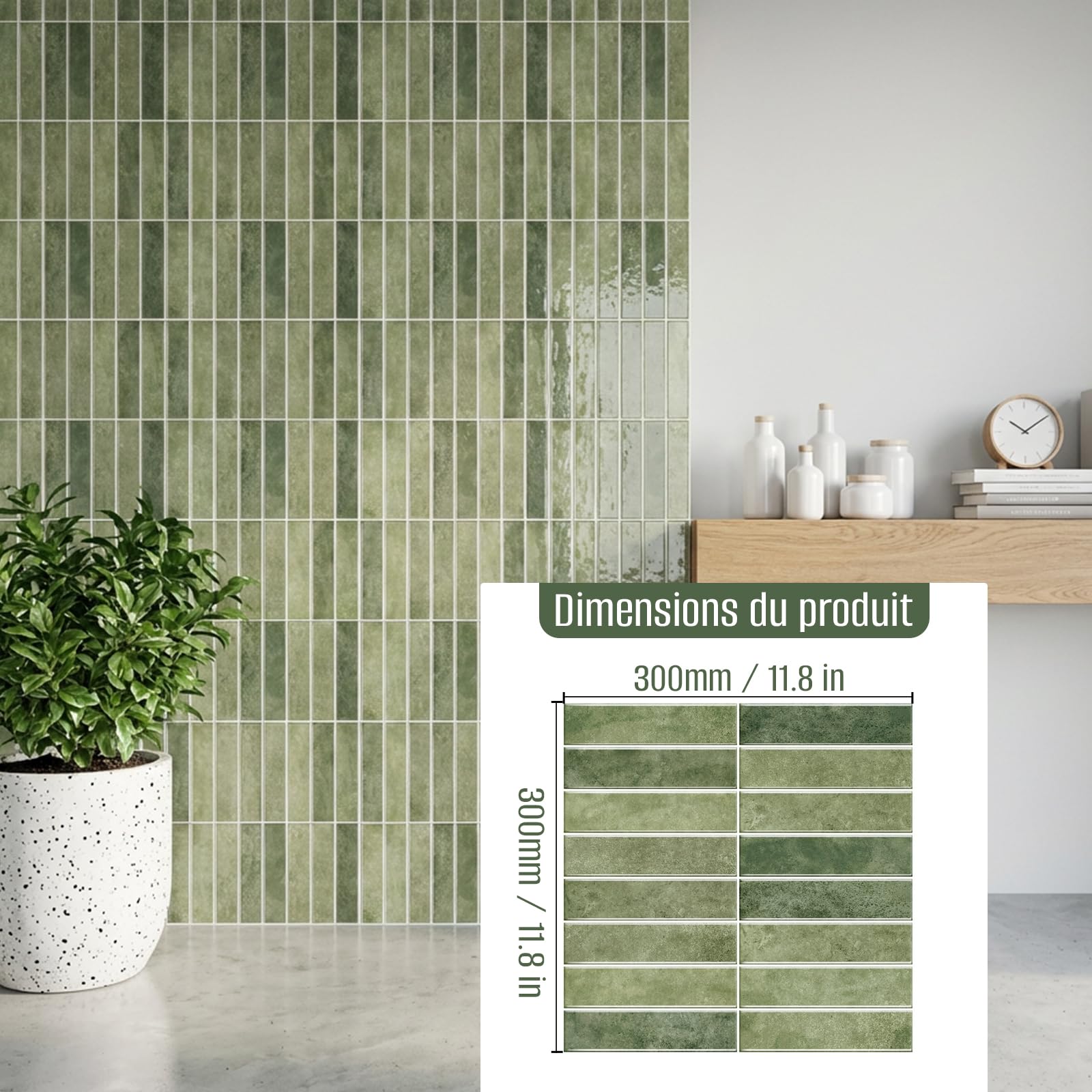 Lot de 10 autocollants pour carrelage 3D - 30 x 30 cm - Pour salon, chambre à coucher, cuisine, salle de bain (Vert moutarde)