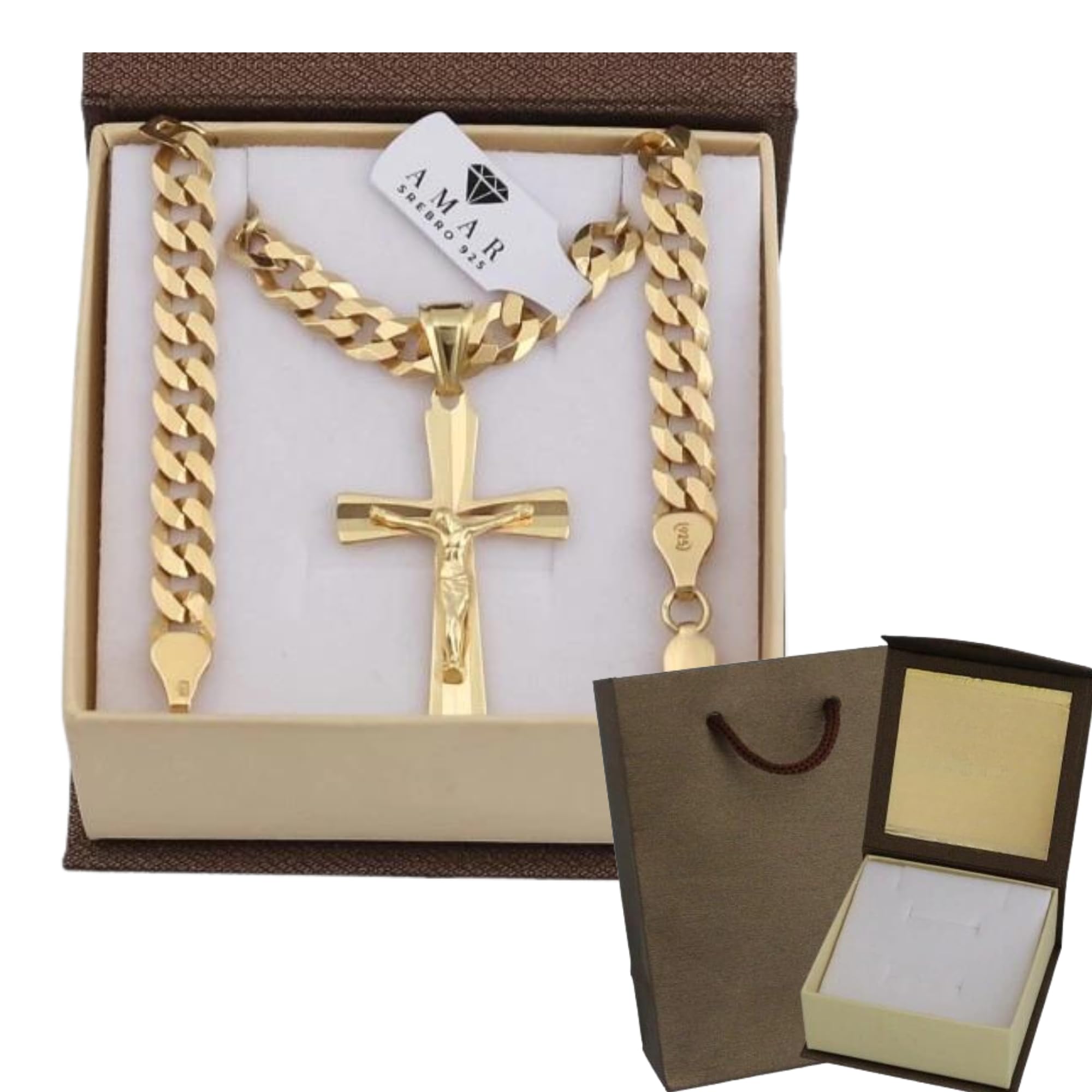 Amor Luxury Cadena de oro para hombre con cruz 585, cadena para hombre 925/585, cadena de oro 585 maciza, cadena de cruz, cadena de oro, cadena de cruz, collar para hombre, grosor de 6,5 mm, blindaje