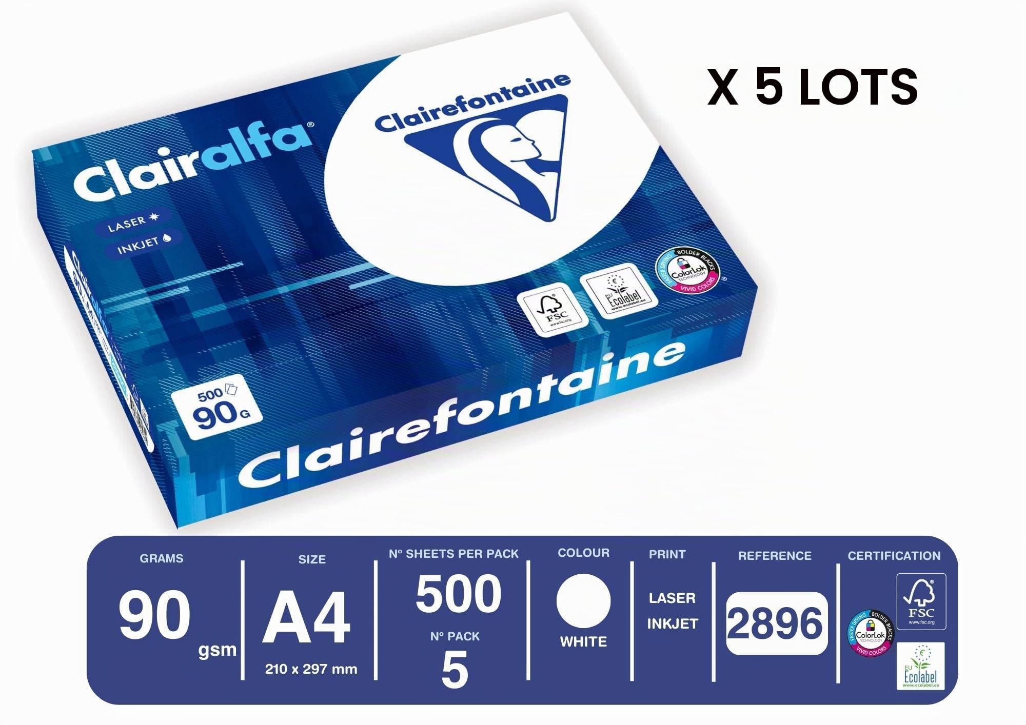 Clairefontaine - Réf. 2896C – 2500 feuilles de papier blanc au format A4 - Clairalfa 90 g/m² – Carton contenant 5 ramettes de 500 feuilles – Couleur : Blanc (171 CIE)